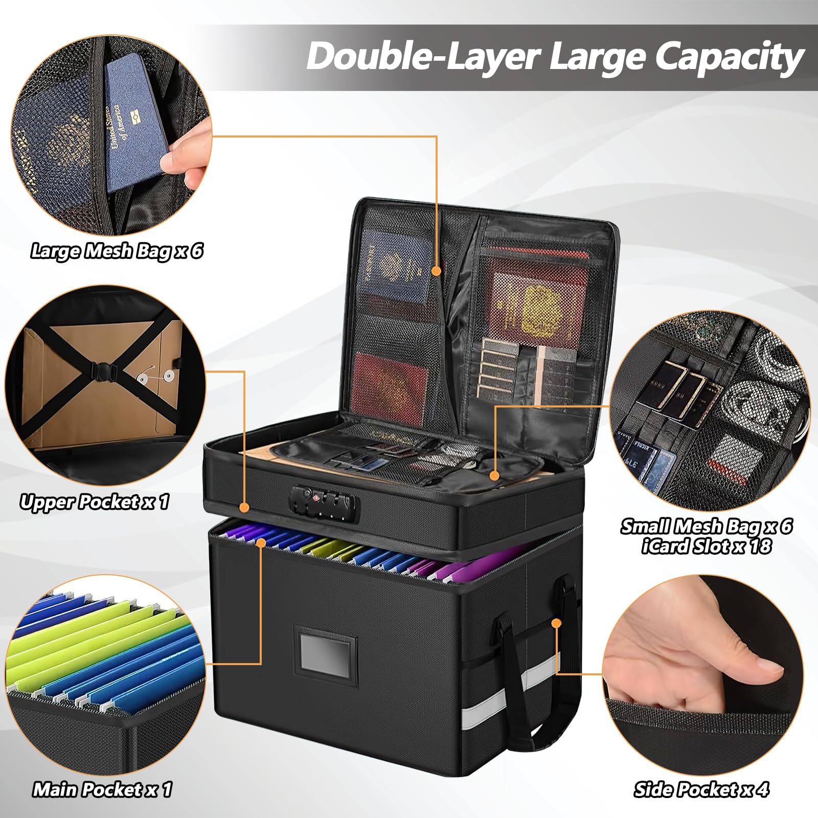 Aolawco Fireproof Document Box with Lock, 2 Layer Collapsible Document Storage Box with 10pcs Suspension Files - Image 4