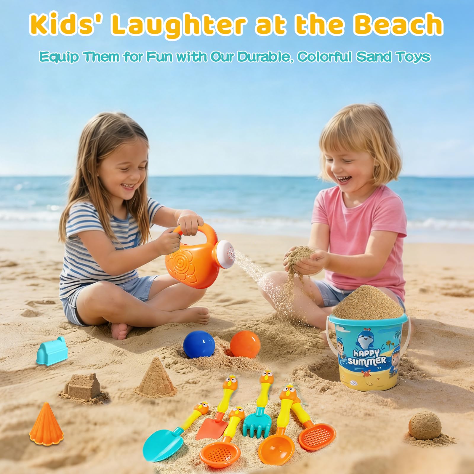Giochi da Spiaggia per Bambini, 20Pezzi Accessori per Sabbiera con Secchiello e Paletta, Annaffiatoio, Formine Spiaggia e Borsa Rete, Giochi di Sabbia Estivi da Viaggio per Bambini Bambine