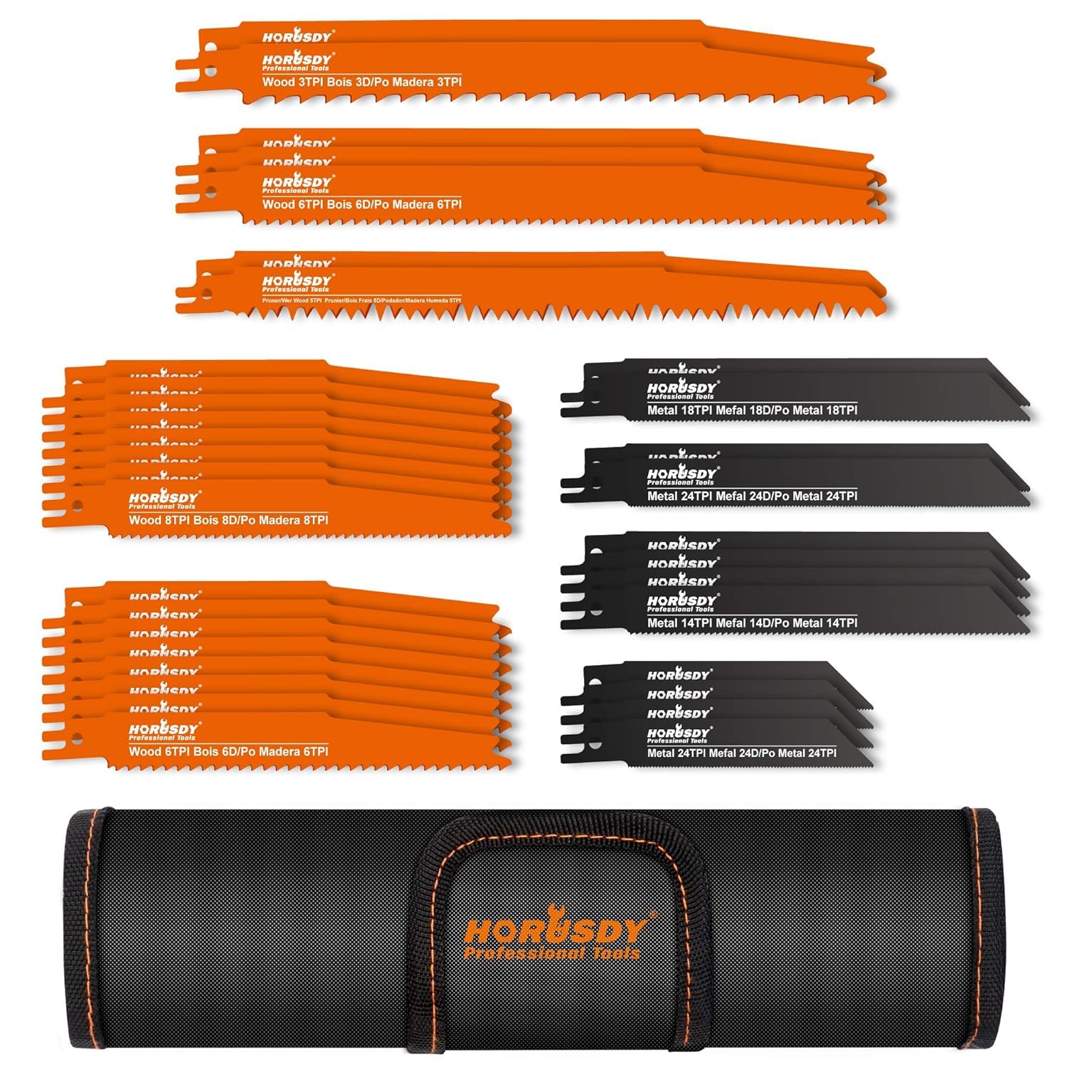 HORUSDY 34-Piece Reciprocating Saw Blades Set, Steel for Metal, Plastic, Wood, and Drywall. Includes HCS Wood Pruning and BIM Metal Blades, Organizer Pouch, Fits All Saws