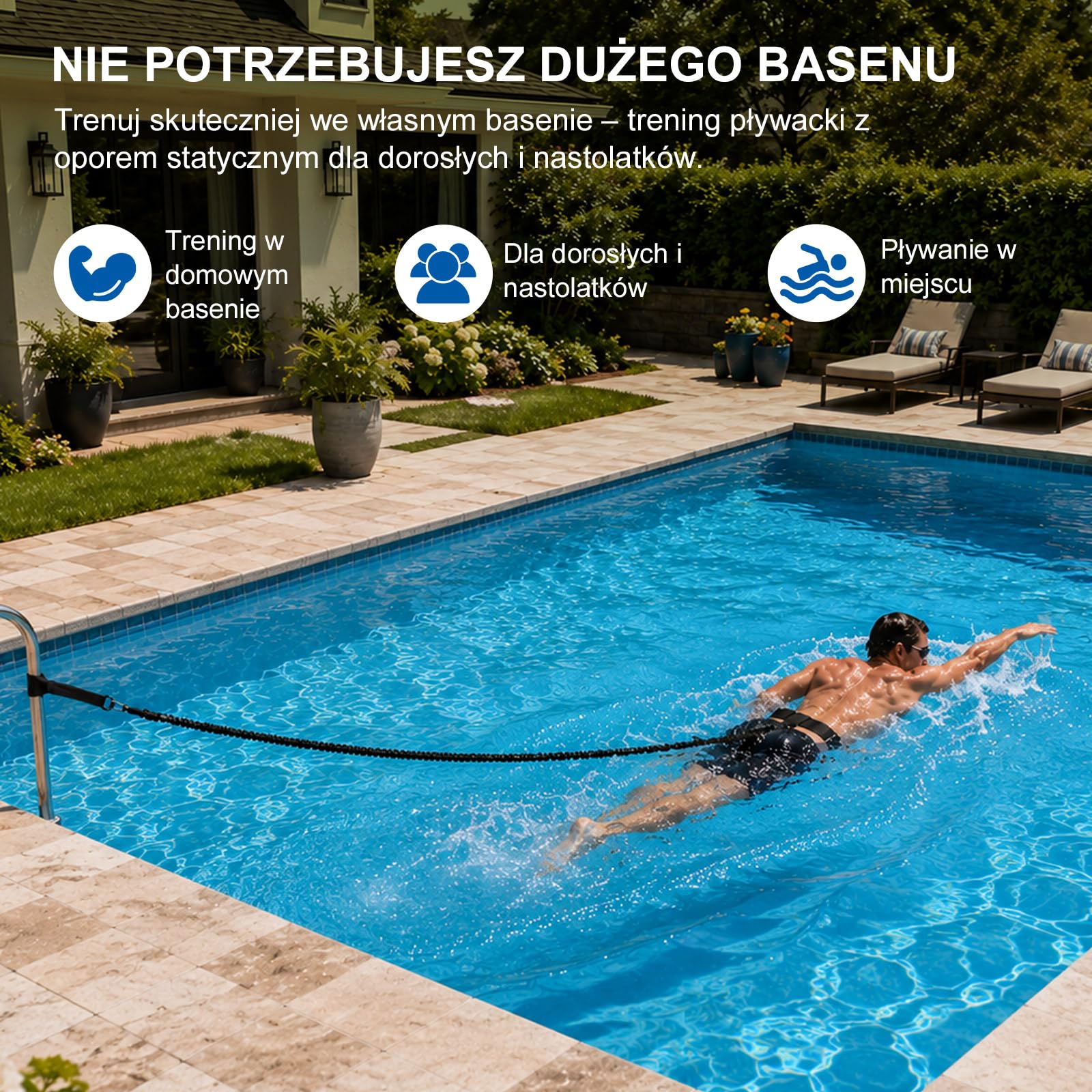 Pas basenowy | 2,5-7,5M Regulowany pas oporowy do pływania | Pas treningowy do pływania | Pomoc do pływania dla każdego basenu Bez linii pływackiej, Naprawiono
