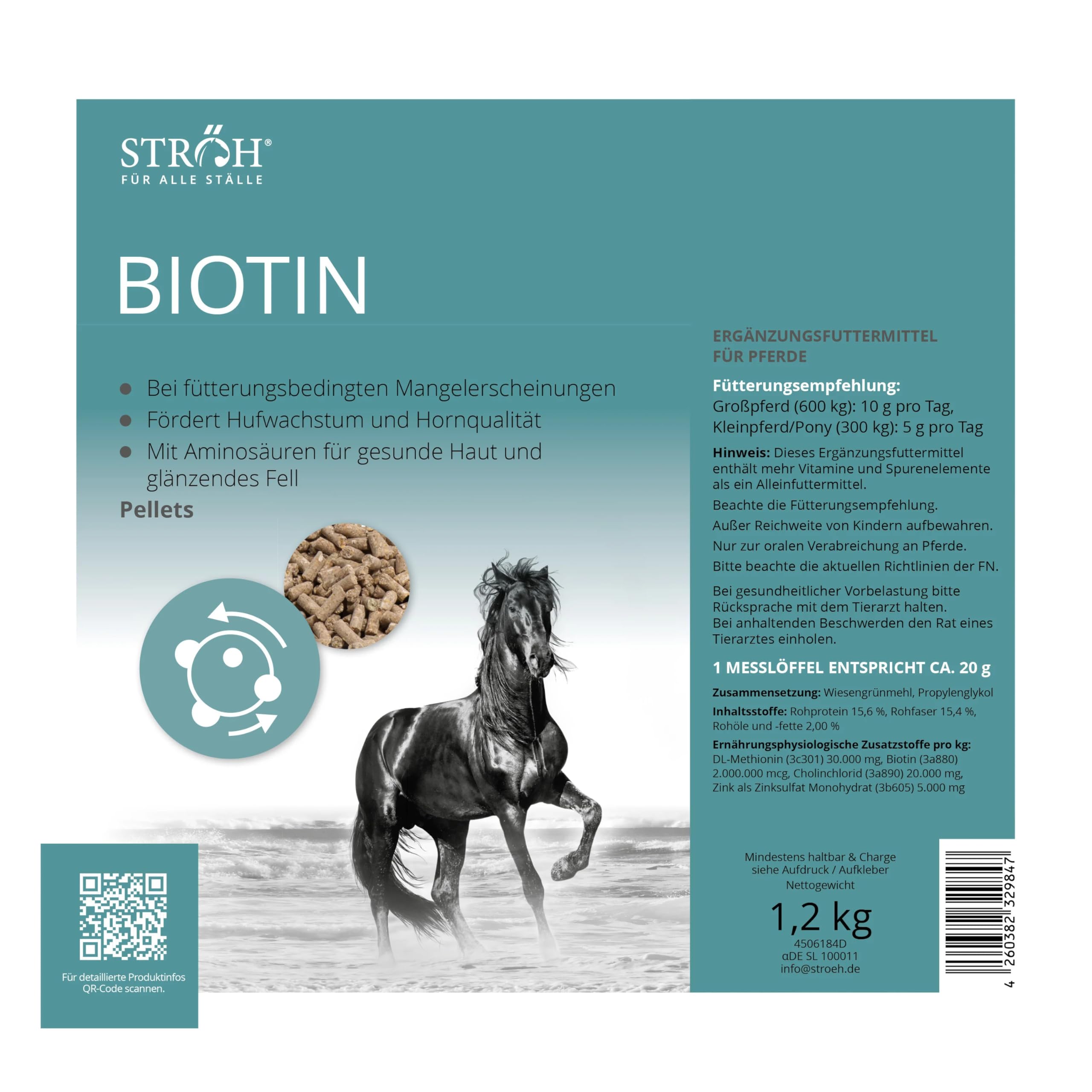 STRÖH Biotin für Pferde - Mit Aminosäuren + Zink - 1,2 kg Feedbox Dose