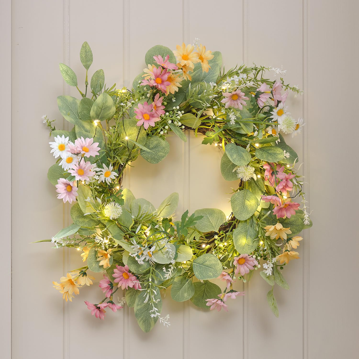 Lights4fun Sommerkranz mit Kunstblumen wie Gänseblümchen, gelben und rosafarbenen Wiesenblumen | warmweiß LEDs | mit Timer | Batteriebetrieben | Deko Sommer Frühjahr Frühling für Wohnbereich | ø 36 cm