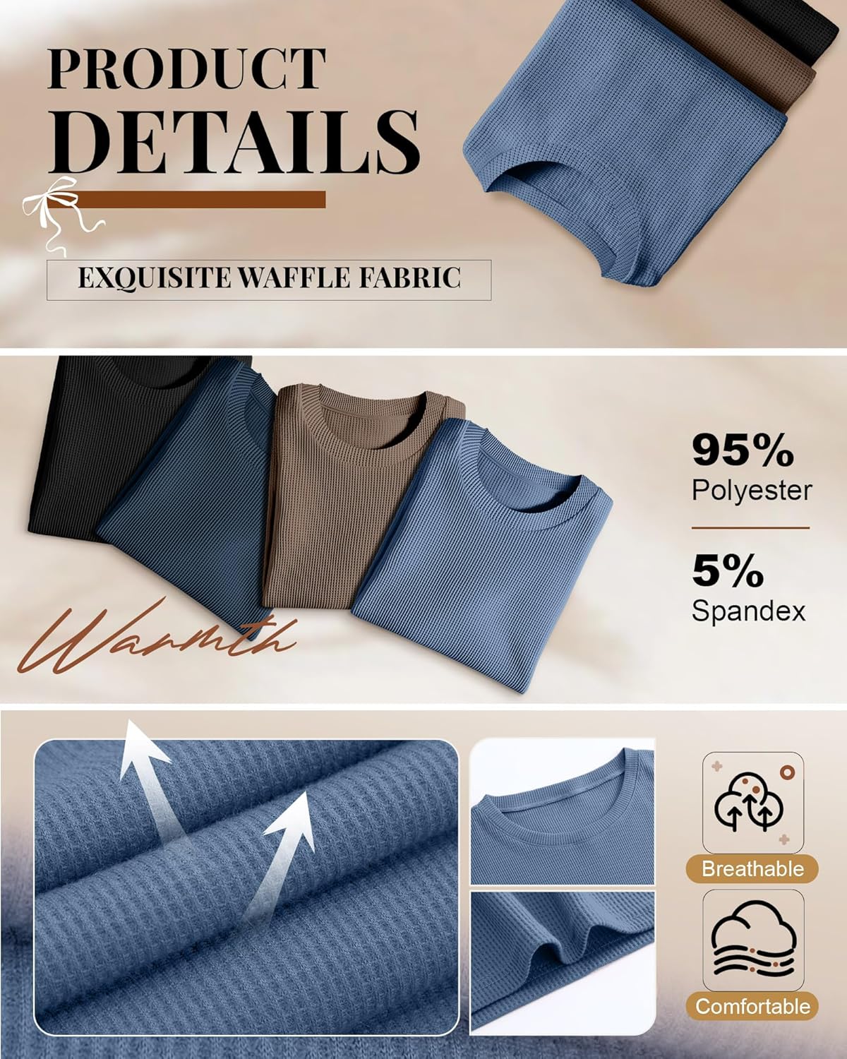 3 Pack Women's 3/4 Sleeve Waffle Knit Tops Oversized Crewneck T-Shirts Loose Casual Blouses Side Split Tees - Image 5