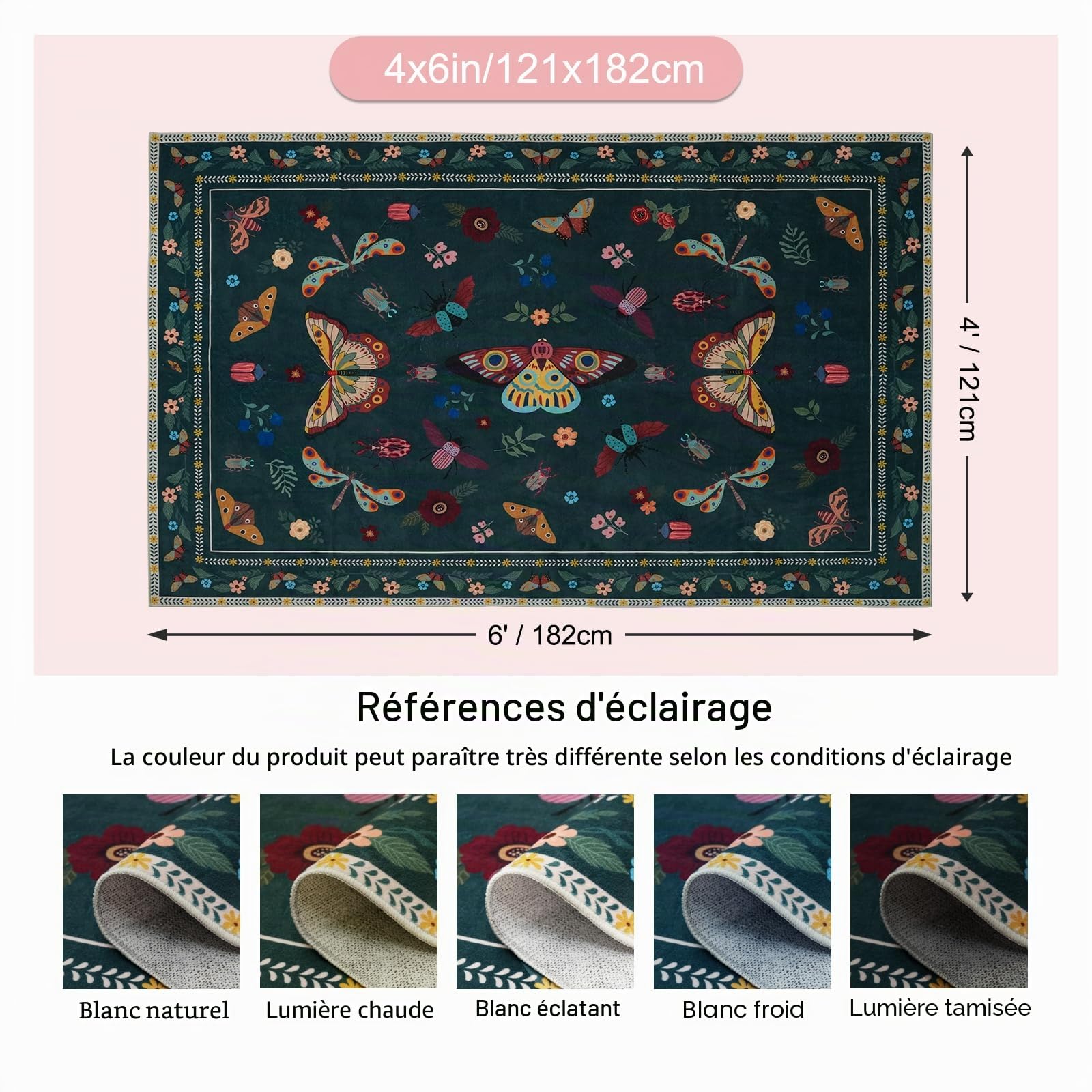 MOSISO Tapis 121 x 182 cm pour Salon, Doux Antidérapant, Vintage Papillons & Insectes Fausse Laine Faible Mèches, Lavable Rectangulaire, pour Salon/Chambre/Salle à Manger,Vert