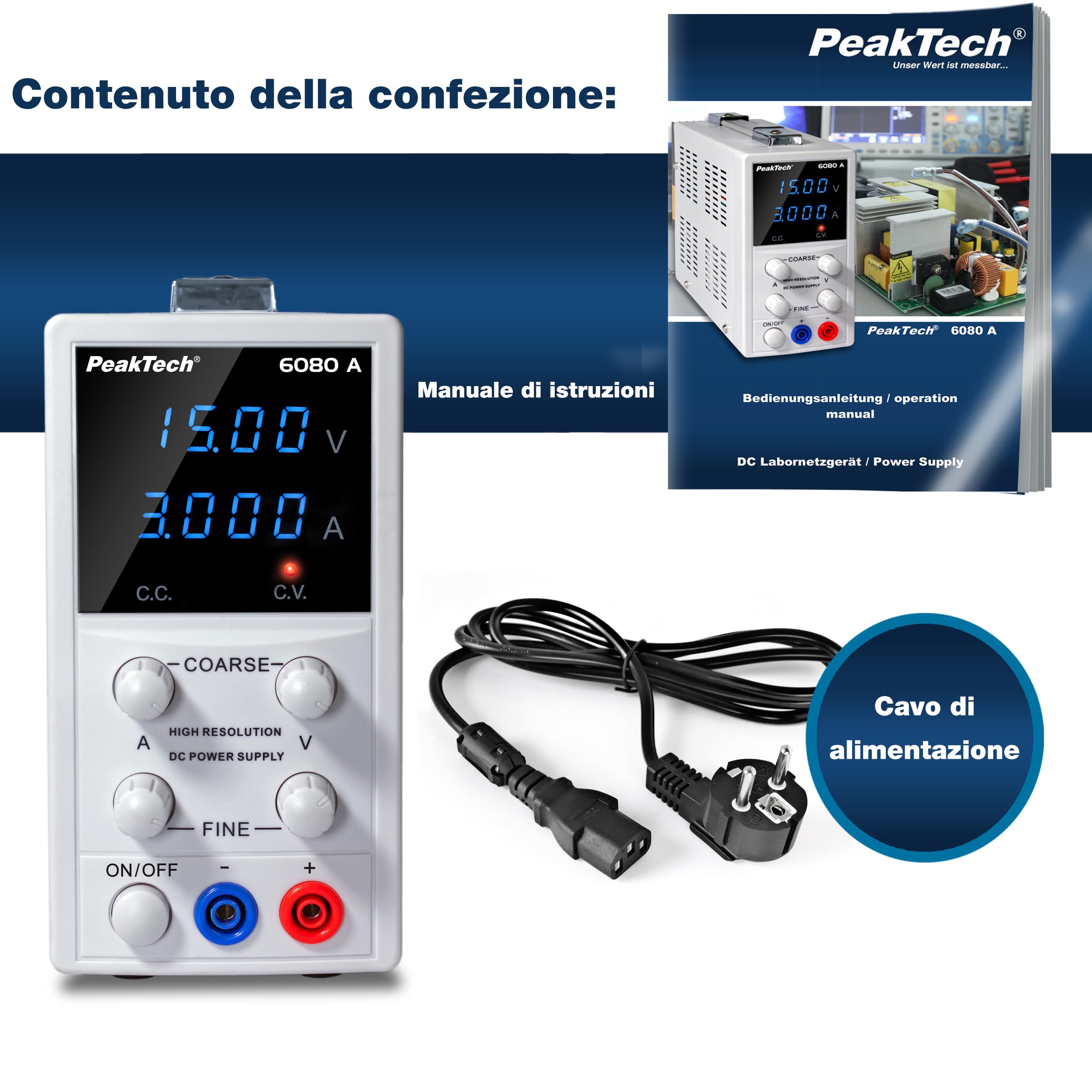 PeakTech 6080 A - Alimentatore da laboratorio 0–15 V / 0–3 A DC – Alimentatore professionale ad alta risoluzione con regolazione lineare, display a LED blu e protezione da bassissima tensione