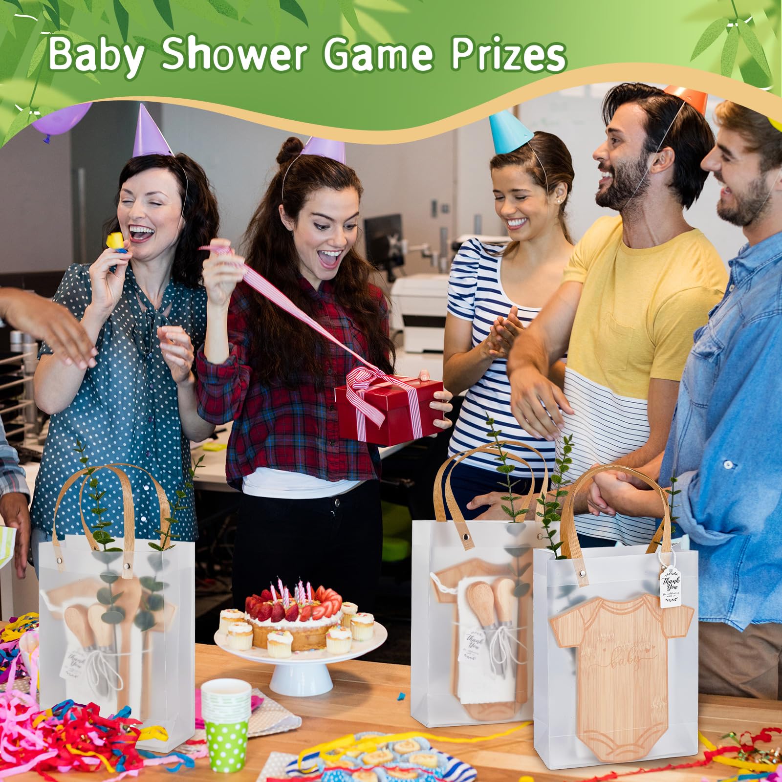 55 premios de baby shower para ganadores del juego, 6 juegos de tabla de queso en forma de body con cucharas, esparcidores de mantequilla, toallas de cocina, bolsas de regalo de novia, regalos de