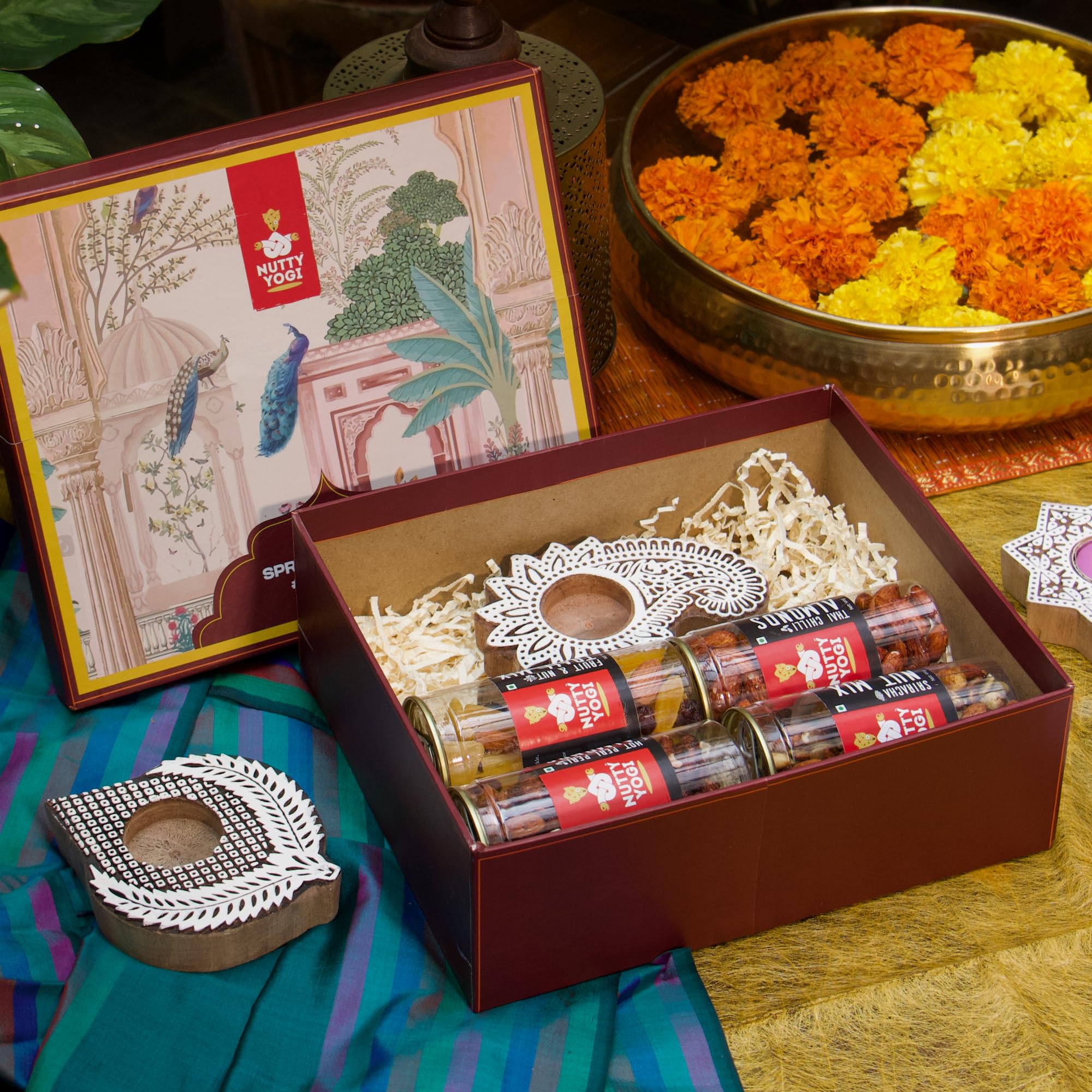 Nutty Yogi Tasty Nuts Gift Box with Wooden Candle Stand | Fruit & Nut Trail Mix 100g | Hot Peri Peri Almonds 100g | Thai Chili Almonds 100g | Sriracha Nut Mix 100g | or Any Nuts of Your Choice.-image-16