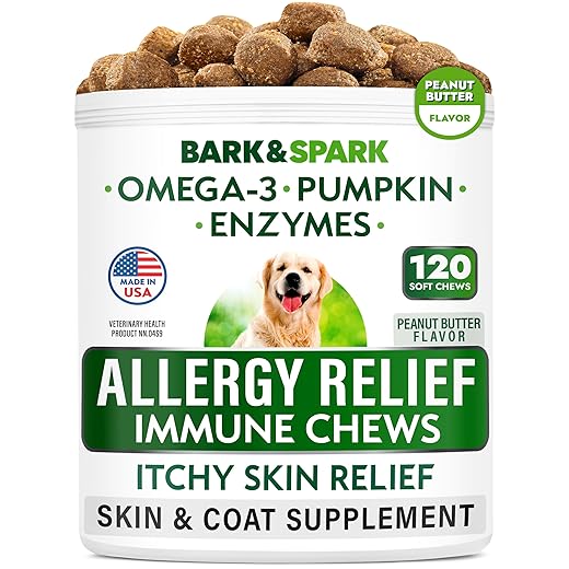 Allergy Relief Dog Treats - Omega 3 + Pumpkin + Enzymes - Itchy Skin Relief - Seasonal Allergies - Anti-Itch & Hot Spots - Immune Supplement - Made in USA - Peanut Butter Flavor Chews