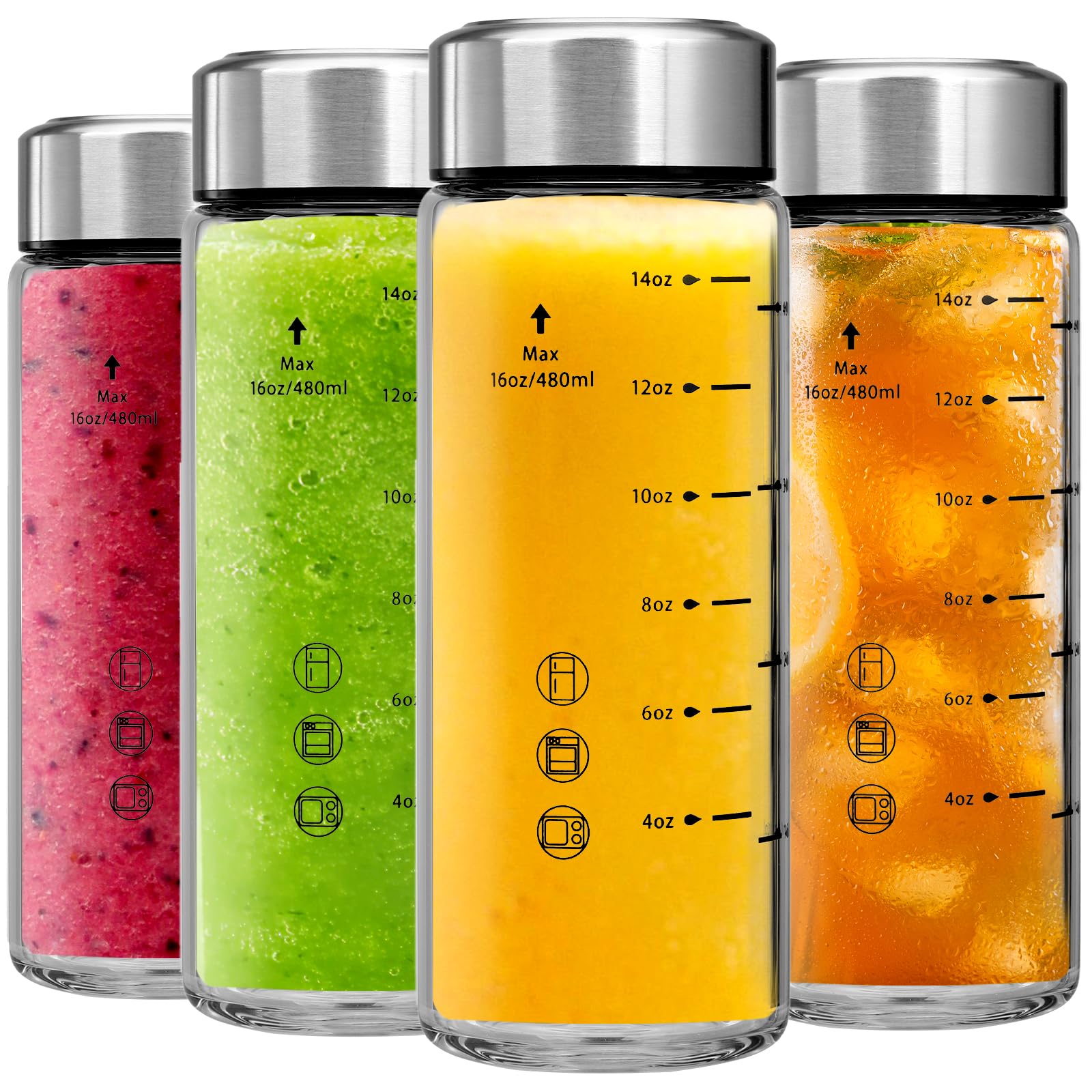 CHUNMO Glass Juice Bottles 4-Pack 16 oz