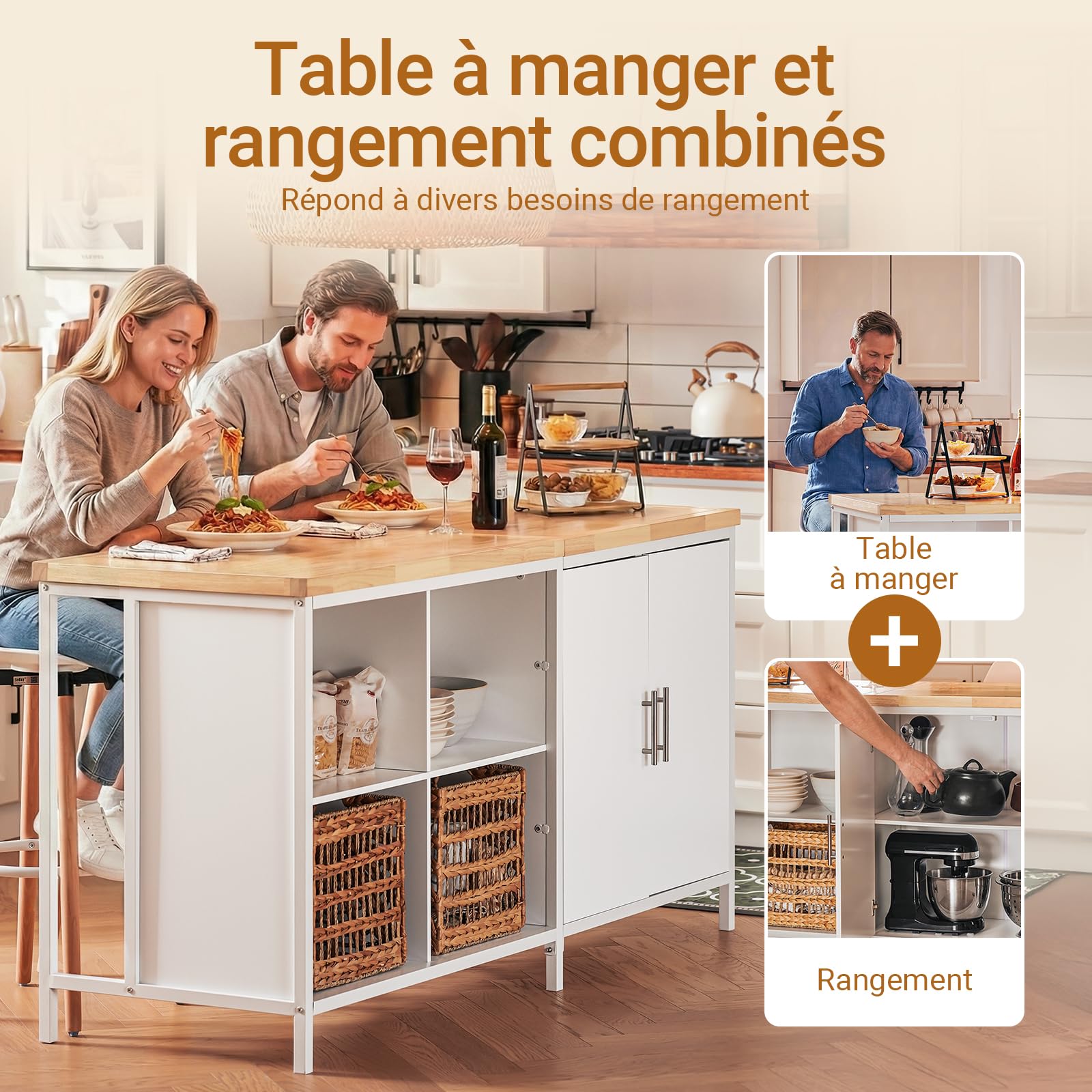 SoBuy Îlot Central Cuisine avec 4 niches et Tablette réglable, 170x89x60cm | Îlot de Cuisine 3-en-1 avec grand plan, charge 145 kg, robuste et facile à nettoyer, MDF, cuisine/repas/salon, KNL09-WN