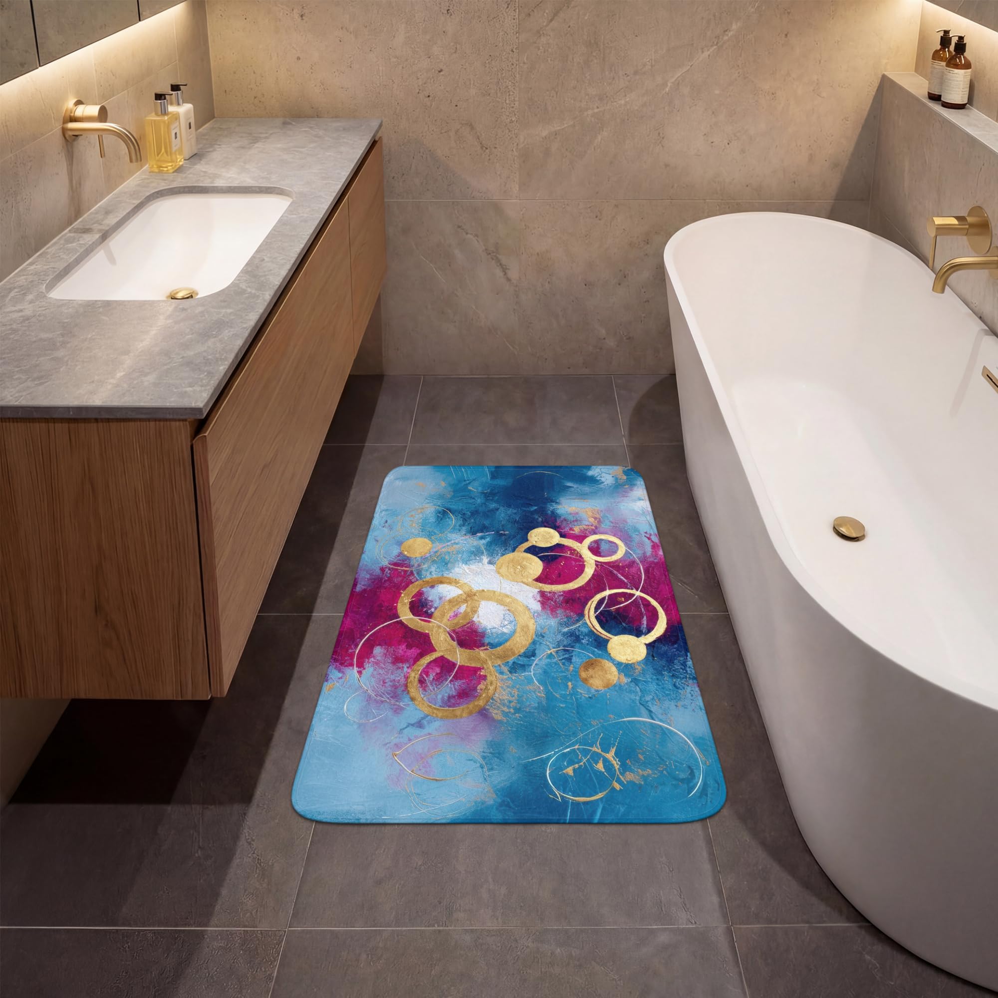Alfombra De Baño Rectangular 60x90 cm Bathroom Bath Mat Lavable Tapete Antideslizante Alfombras Ducha Decoracion Alfombrilla Círculos - Oro - Abstracto