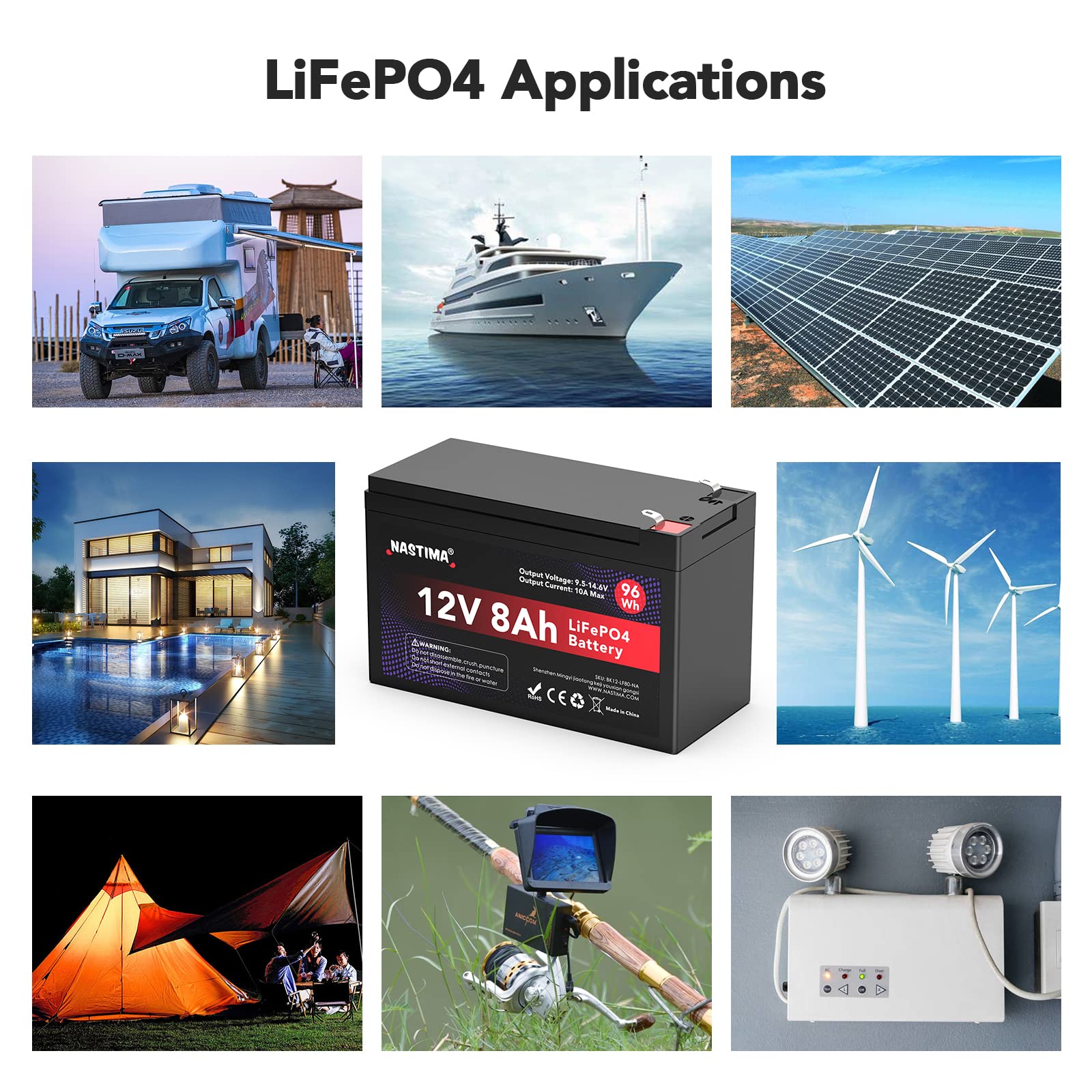 NASTIMA Batteria Ricaricabile 12V 8Ah LiFePO4 con Protezione BMS e Ciclo Profondo 4000, Adatta per Kit di Pannelli Solari, Passeggini, Camper, Barche, Campeggio, Ecoscandagli