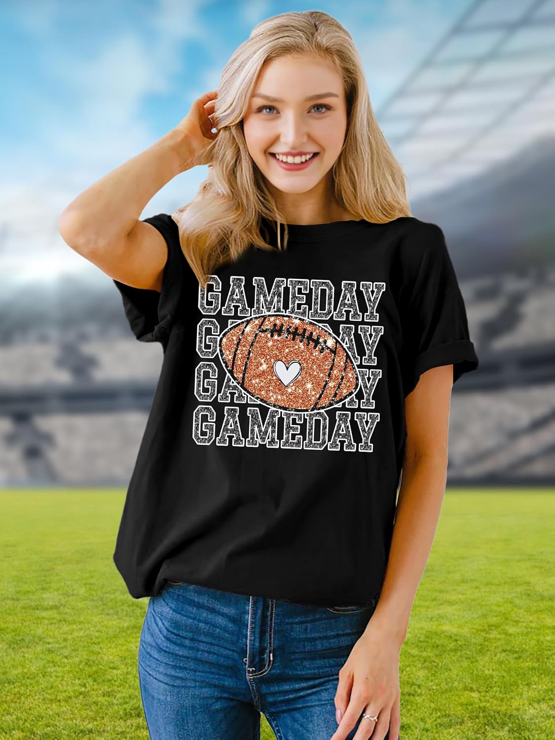 PECHAR Game Day Football Shirts Women Vintage Glitter Football Graphic T Shirt Tee Tops - Image 3