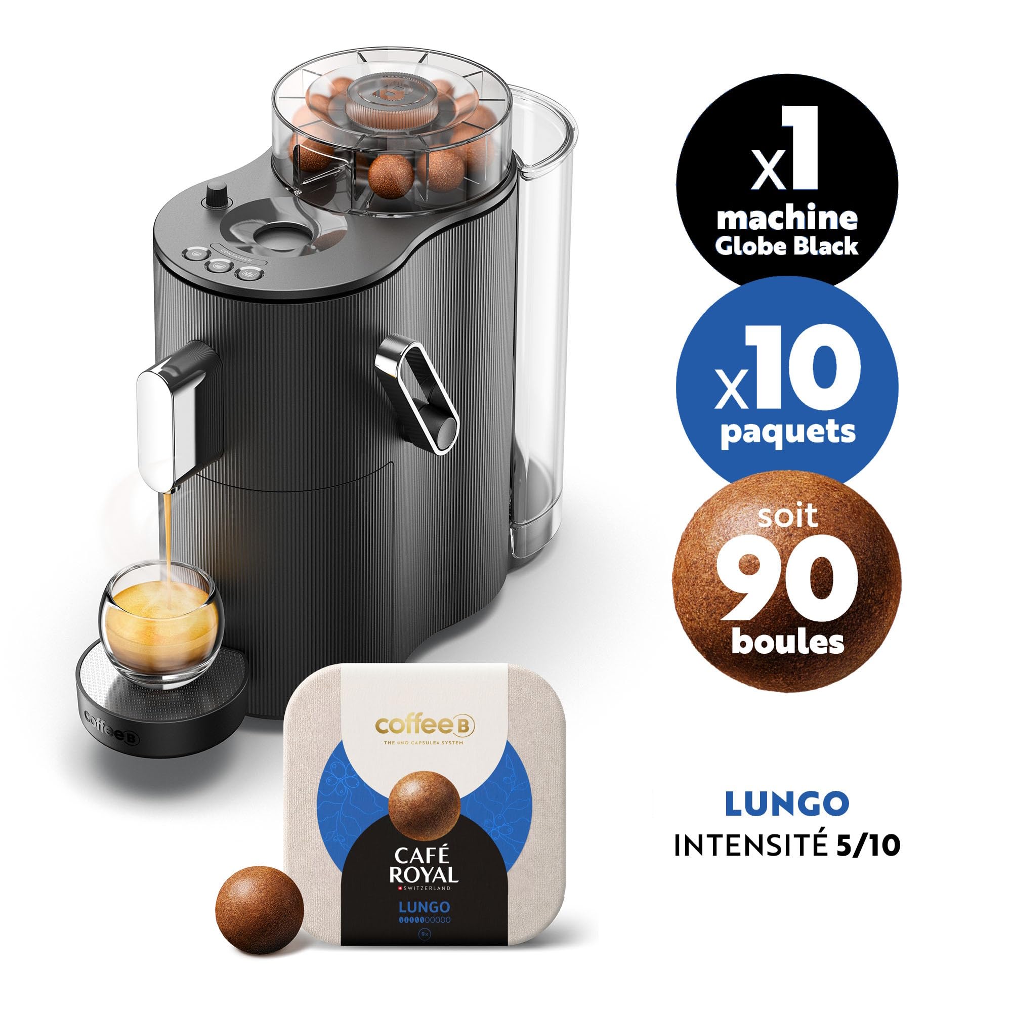 CAFE ROYAL SWITZERLAND PROFESSIONAL Machine à Café CoffeeB Globe Noir 1.3L avec 90 Coffee Balls Lungo - 100% Compostables