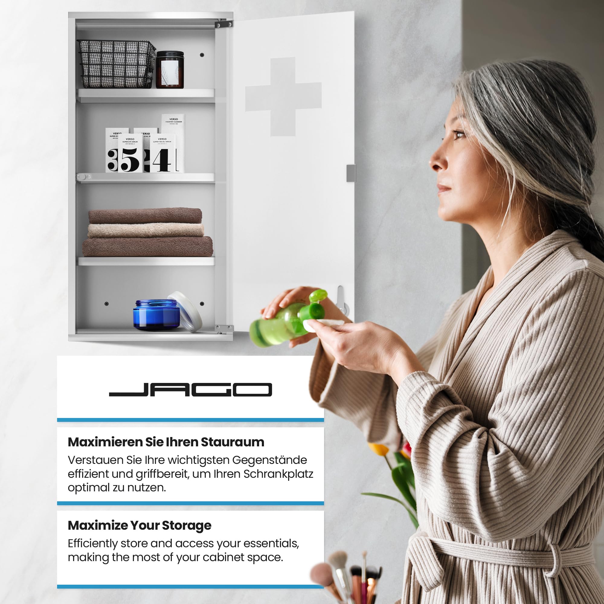 Jago® Armadietto per Medicinali - 4 Ripiani, Porta di Vetro, con 2 Chiavi, 30x12x60cm, Acciaio, da Bagno - Pensile Farmaci, Cassetta Porta Medicine, Armadio Pronto Soccorso