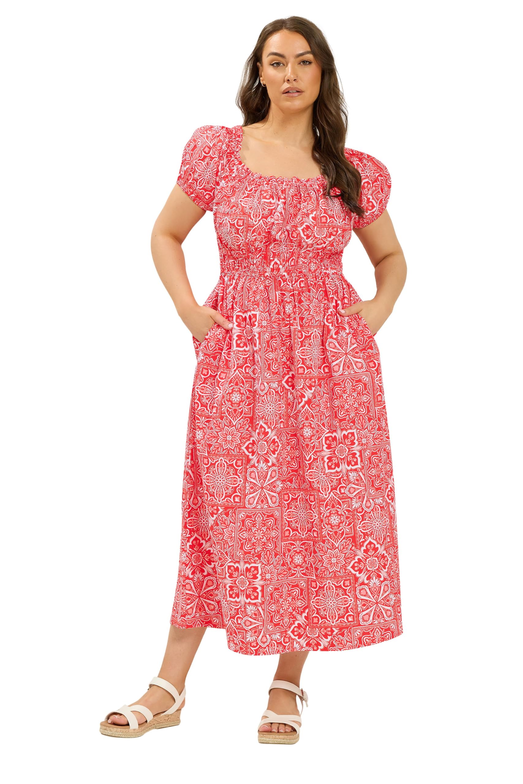 Yours Women's Red Paisley Poplin Bardot Dress In Size 22-24