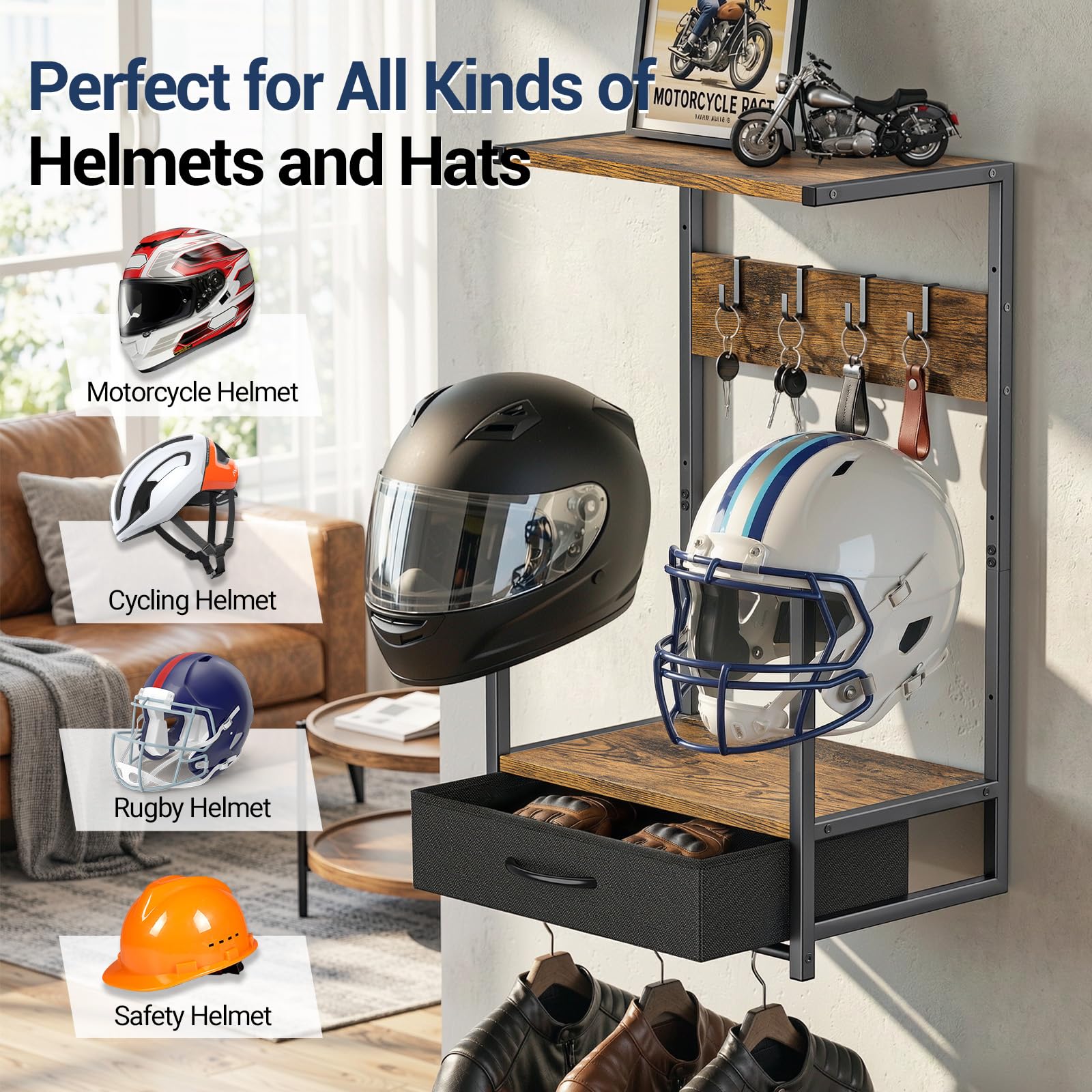 Housolution Support mural pour Casque de Moto avec Tiroir en Tissu, 4 Emplacements Gants & 4 Crochets pour Combinaisons & Accessoires – Stand pour Vélos, Baseballs et Casques de Rugby