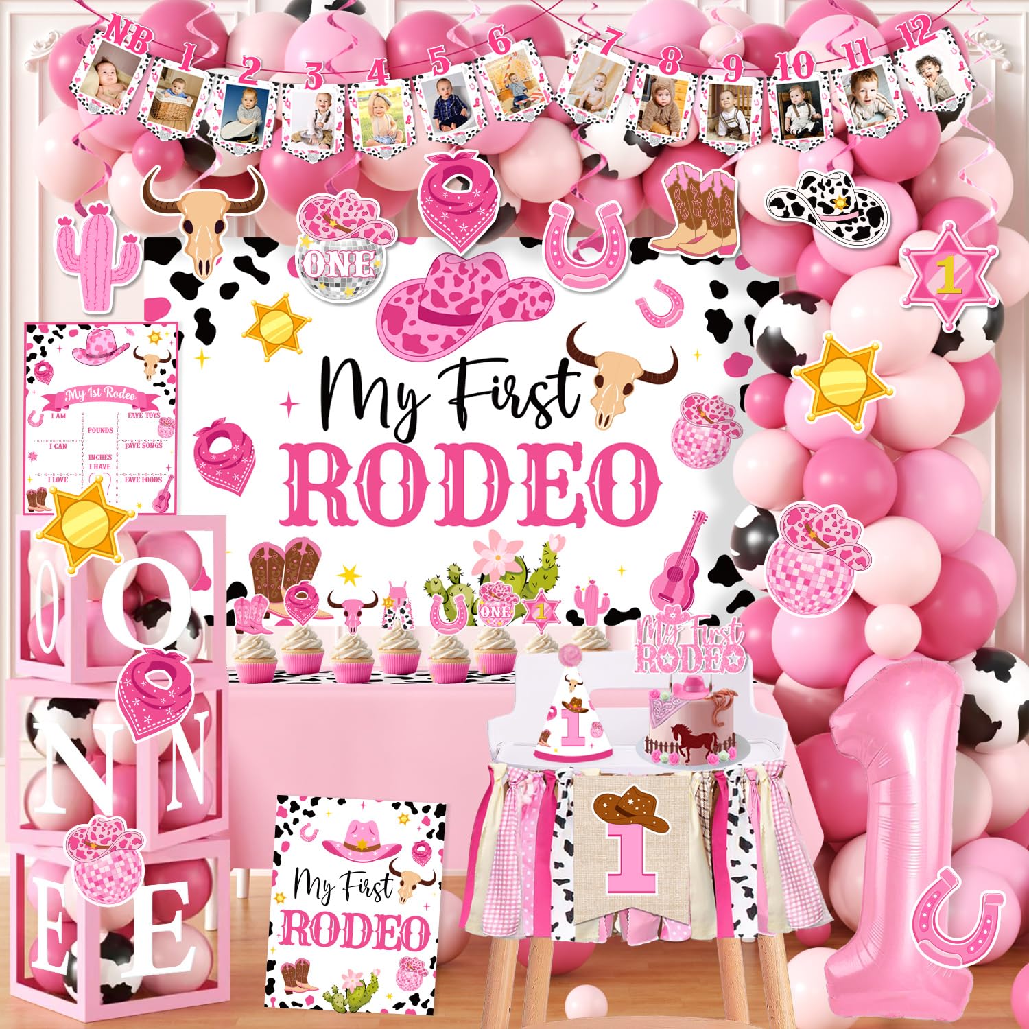 Photo 1 of 155Pcs My First Rodeo Decorations Girl,Western Cowgirl 1st Birthday Balloon Arch,Banner,ONE Box,Tablecloth Theme Party Supplies for Baby Girl 1st Birthday,Girls Baby Shower Party
