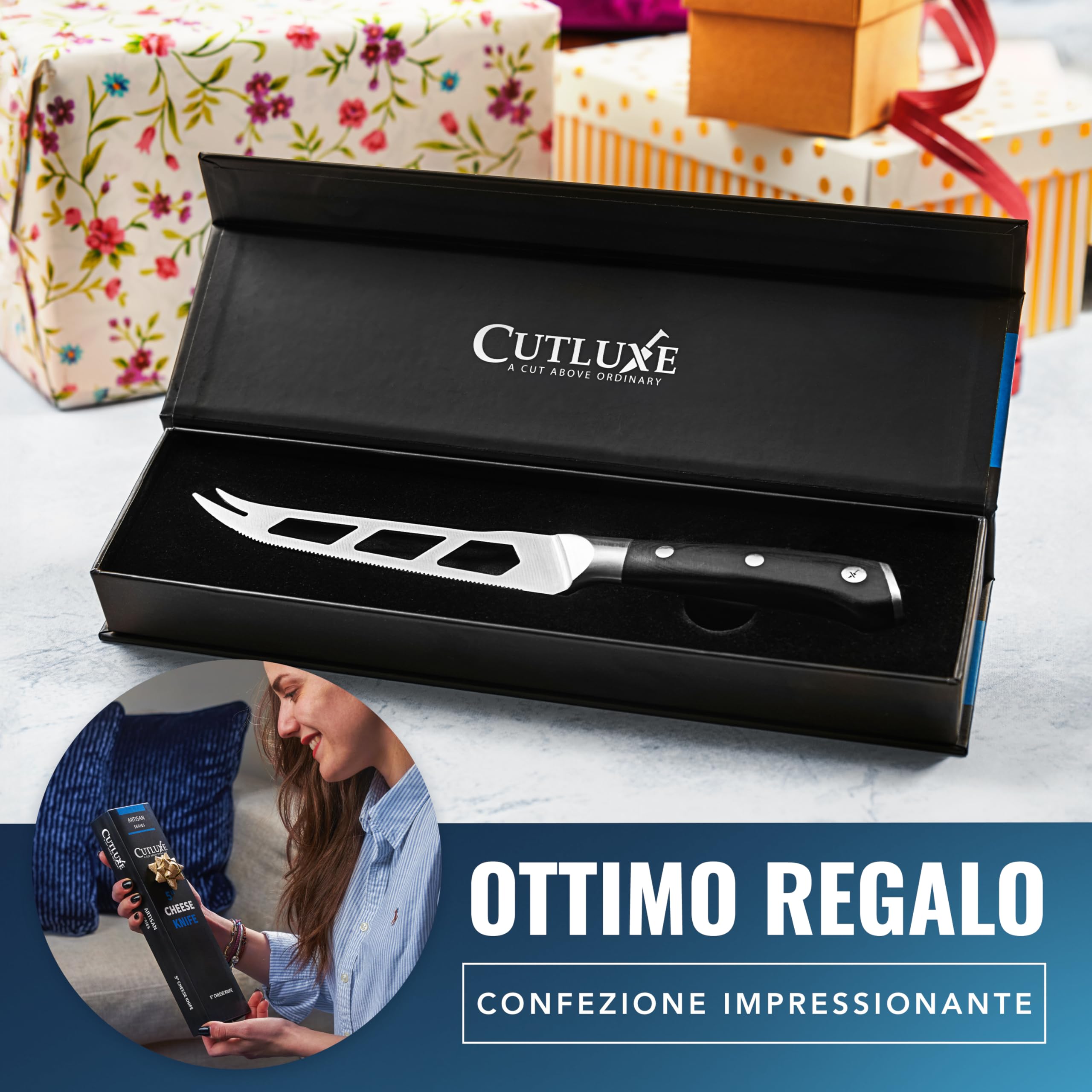 Cutluxe Coltello Formaggio 13 cm – Lama Forcata, Seghettata e Antiaderente – Acciaio Tedesco ad Alto Tenore di Carbonio – Maniglia Ergonomica – Serie Artigianale