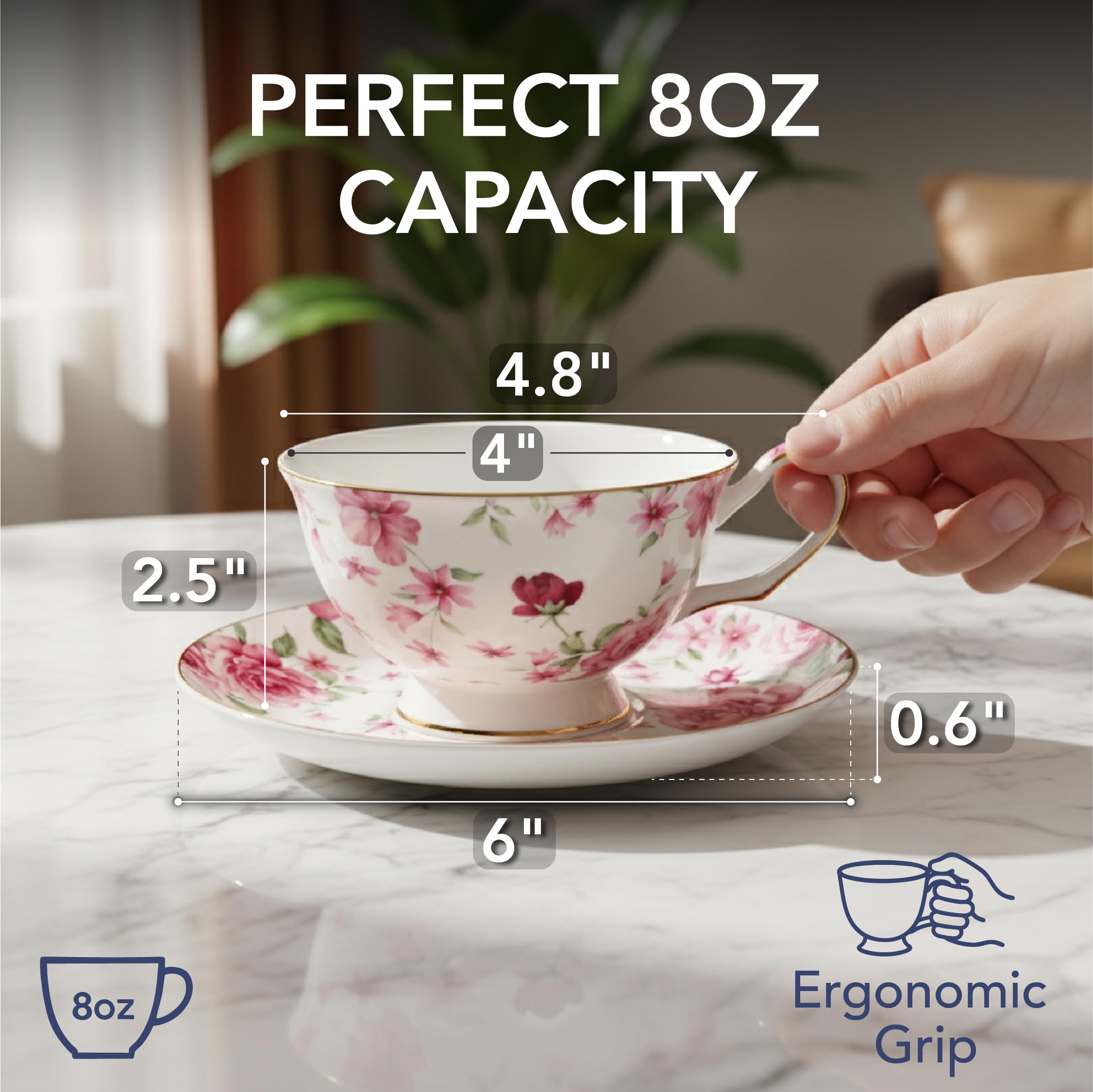 BTaT- Juego de tazas de té y platillos, diseño floral, juego de tazas de té de porcelana, apto para lavavajillas, juego de 6, 8 onzas, regalo para el día de la madre