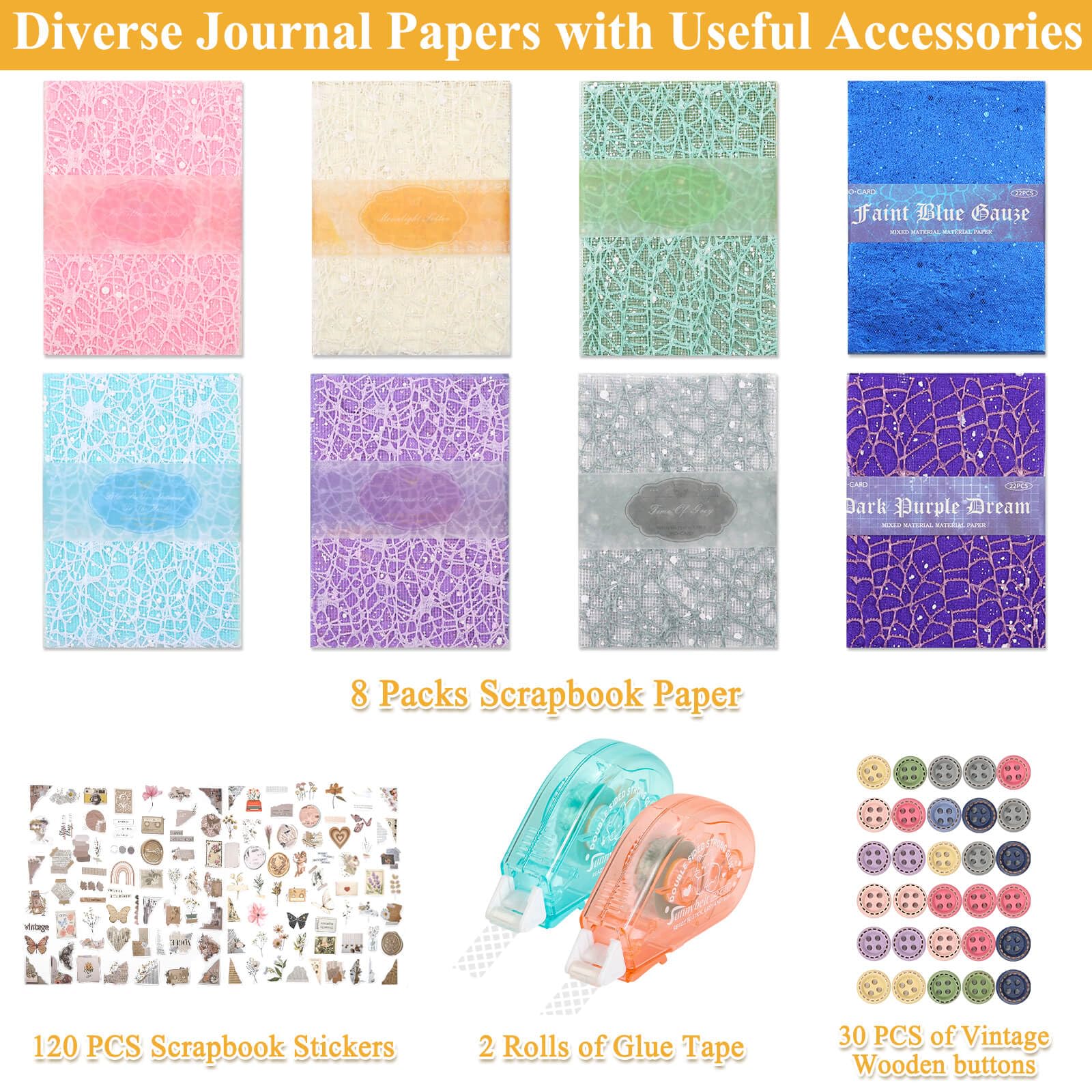 Emquito 8 Pack Textured Scrapbook Paper and Mesh Fabric Set,200 Sheets Scrapbook Supplies with Scrapbooking Paper,Scrapbook Tape and Stickers for Planner Bullet Junk Journal 5.5x3.9 Inch