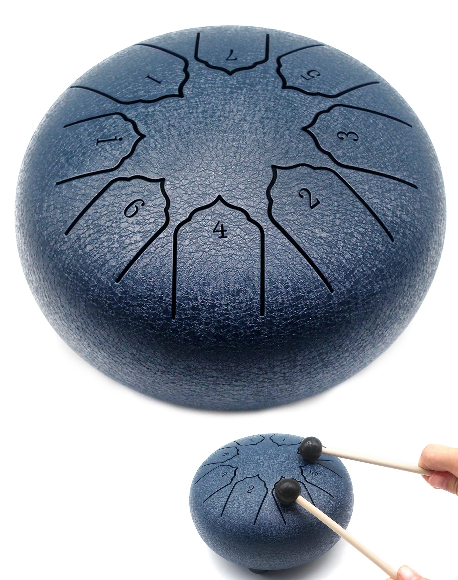 AnvinSteel Tongue Drum 6 Inch 8 Notes Metal Hand Drum with Drum Mallets Music Book Rain Drum Sound Healing Instruments for Meditation Yoga Zen Entertainment Gifts(Navy Blue)