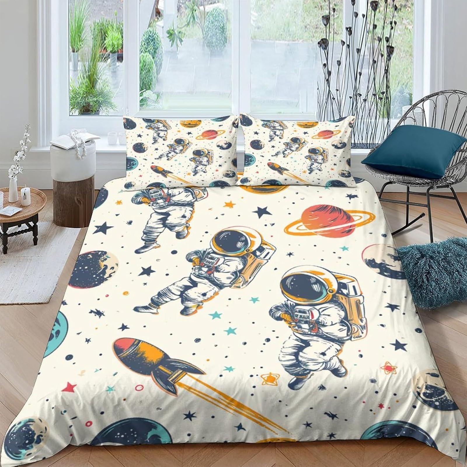 Tabeskly Kids Boy Astronaut Space Rocket Soft Zipper Bed Bedding Duvet Cover Set Double Beige 200×200cm, Multicolor4-2 - Image 2