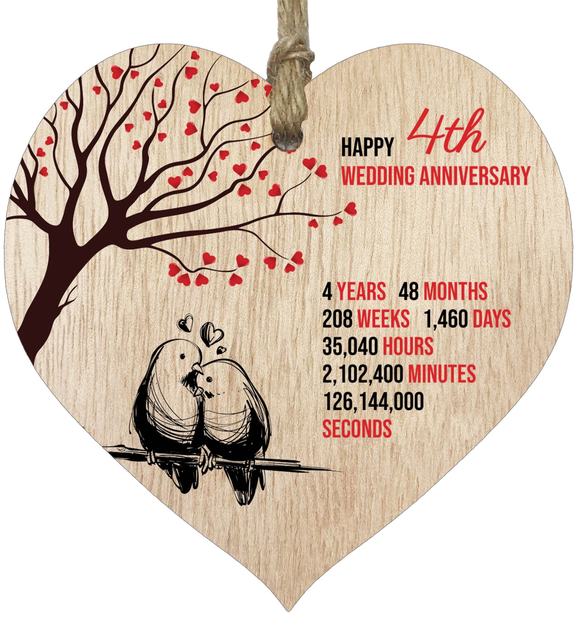 4th Wedding Anniversary Wooden Heart Plaque, Light Wood Sign Keepsake, Celebrate Fruit/Flowers Anniversary Wife Husband Boyfriend Girlfriend, Plaque with Quotes Gifts from the Kids