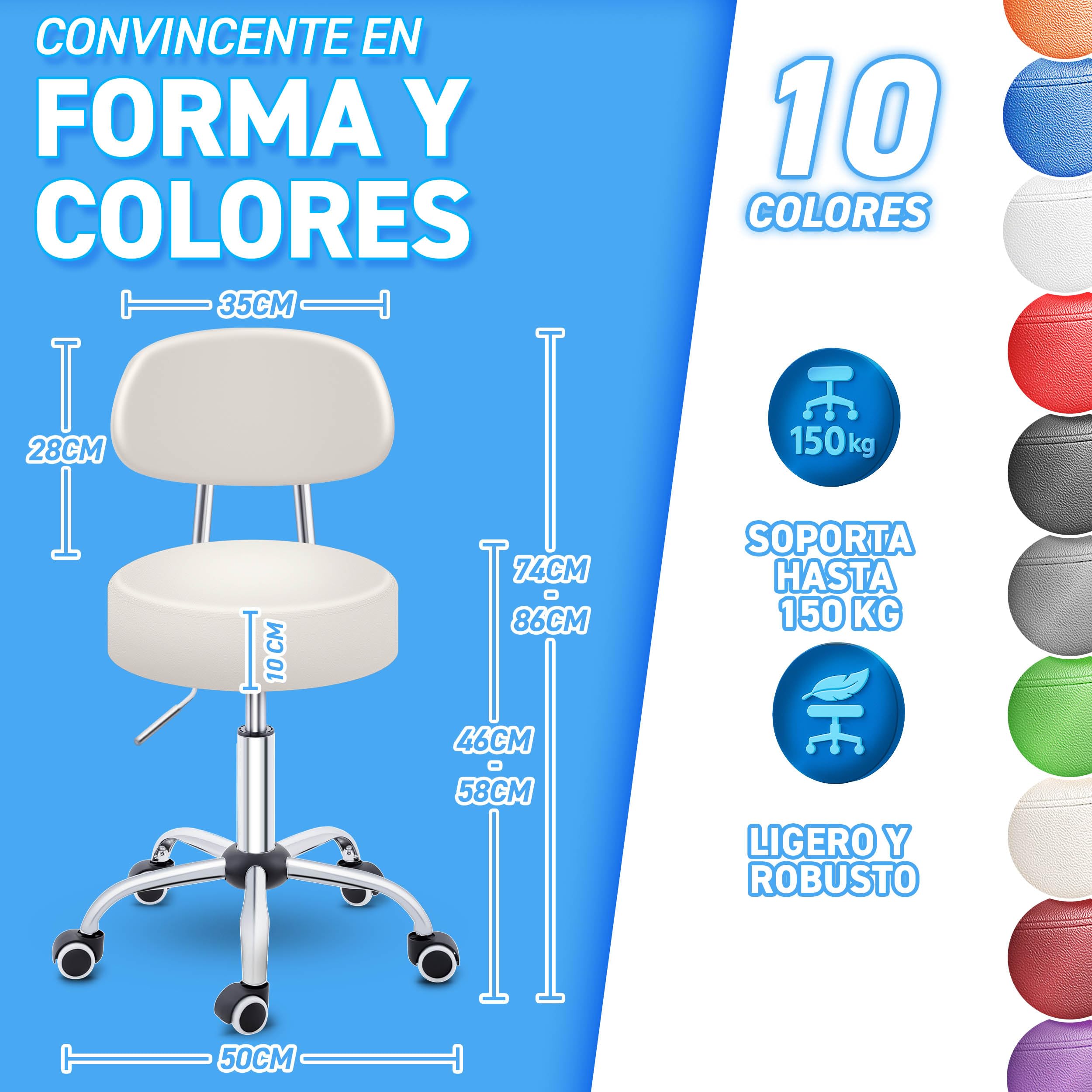 TRESKO Taburete con ruedas con respaldo, color beige, altura regulable 46-58 cm, taburete giratorio con ruedas, silla de oficina, taburete giratorio