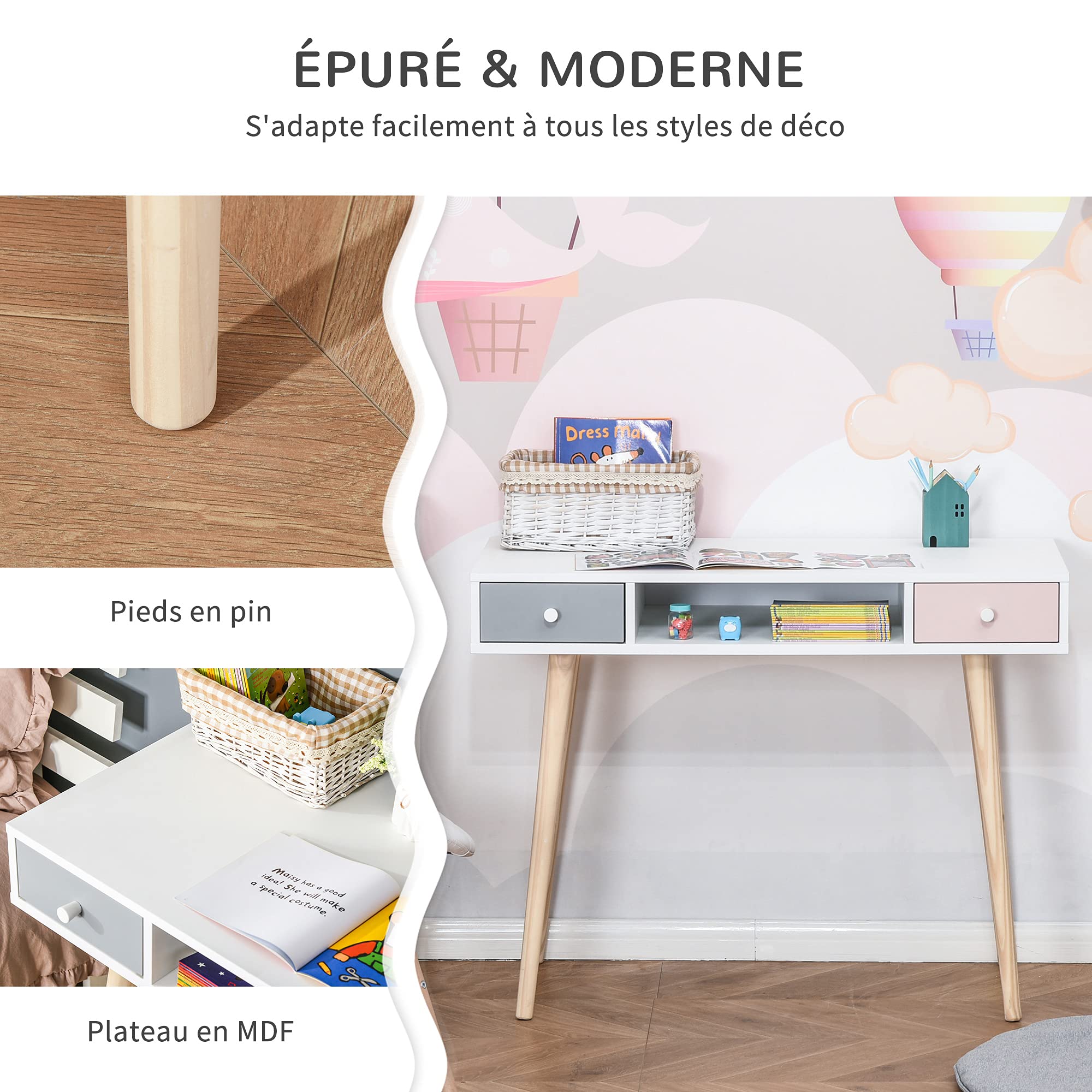 HOMCOM Bureau Enfant Style scandinave avec tiroir et Compartiment de Rangement 100L x 48l x 76,5H cm MDF et pin Blanc Gris et Rose
