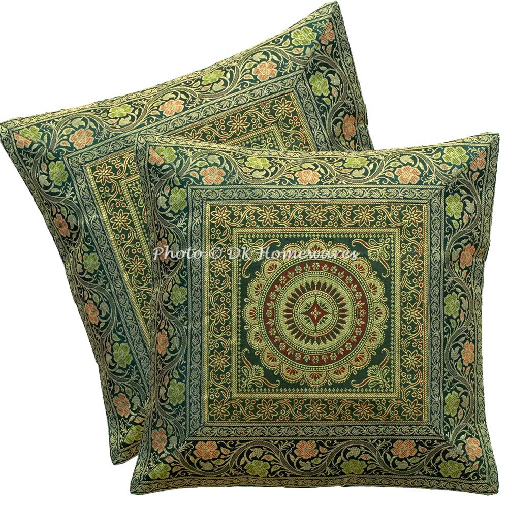 Boho Decorative Accent Throw Pillow Covers 16x16 Inch Brocade Jacquard Mandala Ethnic Square Sofa Cushion Covers (Size - 40x40 cm ; Color: Dark Green & Gold) - Set of 2 Pcs (Cover Only)