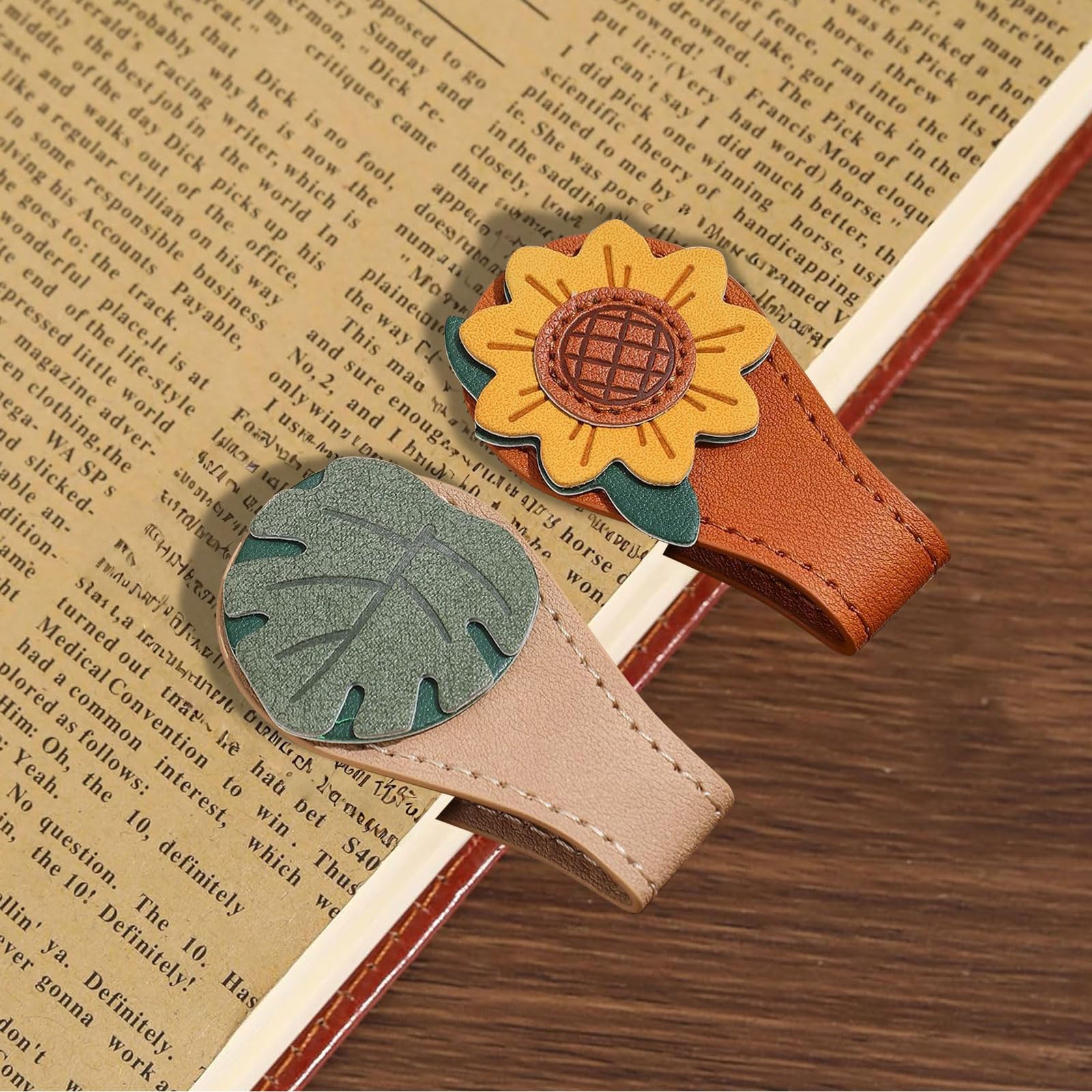 Kinretixia 2 Pack Vintage Magnetic Leather Bookmark, Leather Magnetic Bookmark for Women, Magnetic PU Bookmark, Clip Book Accessory, Sunflowers and Green Leaves