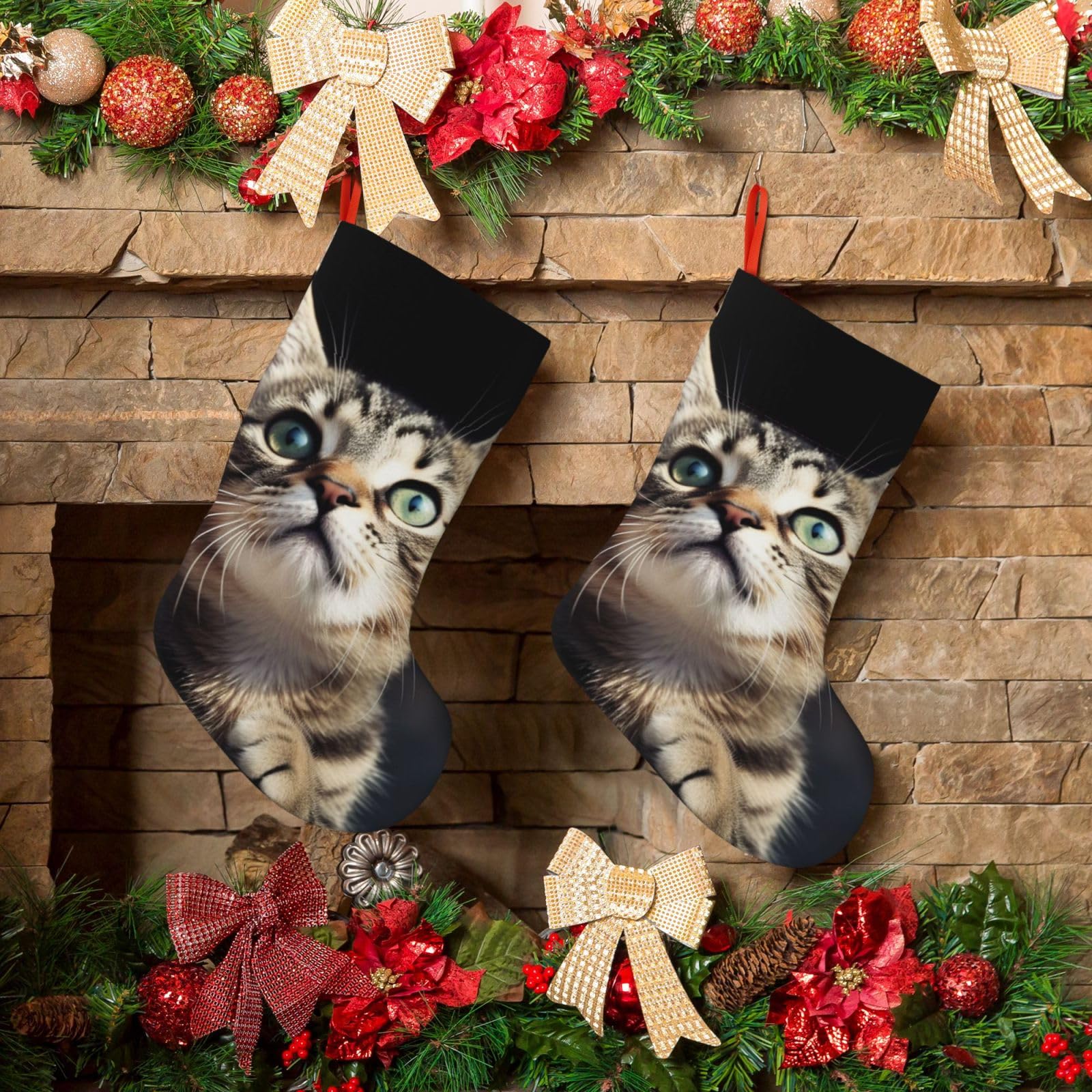 KLOPH Christmas Stockings 18" Personalized Xmas Stocking Cat Decoration Stocking Hanging Fireplace Stocking for Holiday Xmas Tree Christmas Fireplace Decor