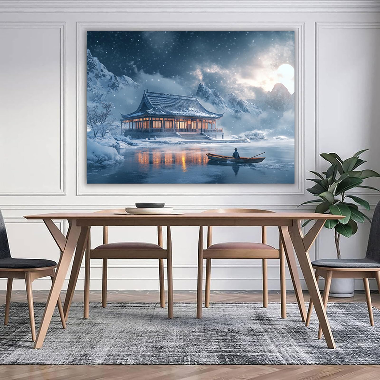 WUFIEA Azjatycka sztuka ścienna tradycyjny chiński obraz śnieg jezioro łodzie do dekoracji domu salonu sypialni (Blu foschia) - 70 x 100 cm oprawione