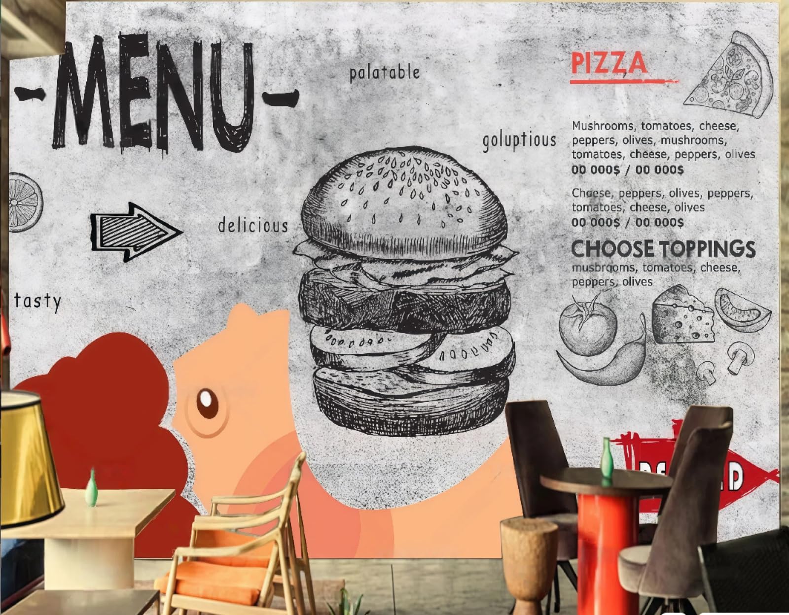 XDOUBAO Wallpaper Nostalgic Cement Wall Hand-Painted Delicious Burger Pizza Shop Theme Afternoon Tea Western Restaurant Background Wall Wallpaper Coffee Shop Mural,3D,250x175cm