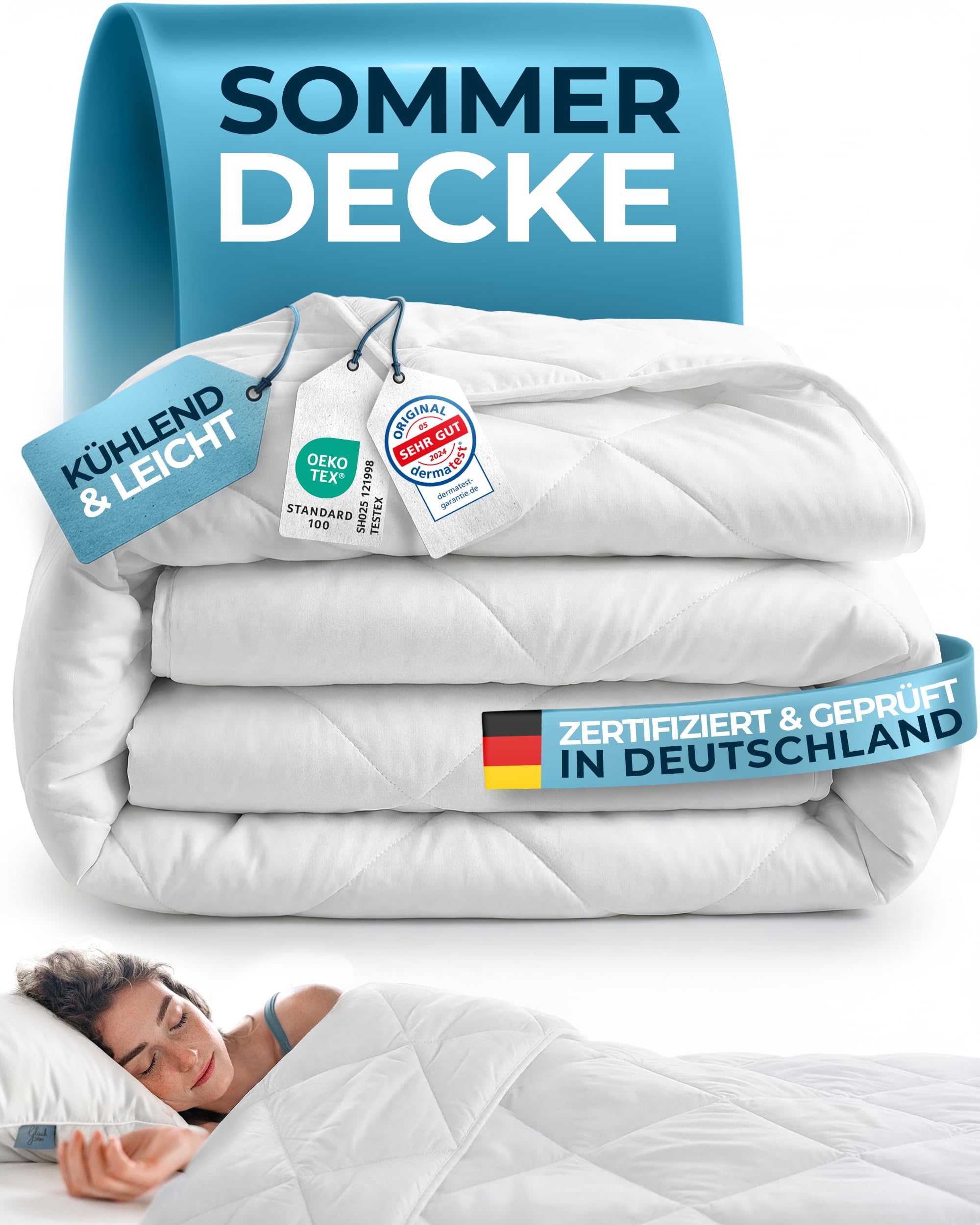 Glückstoff® Sommerdecke 200x200cm [Zertifiziert IN Deutschland] - Sommer Bettdecke mit 100% Öko-Tex Füllung - Sommerbettdecke Leicht - Dünne & Kühlende Decke - Summer Blanket - Leichte Schlafdecke