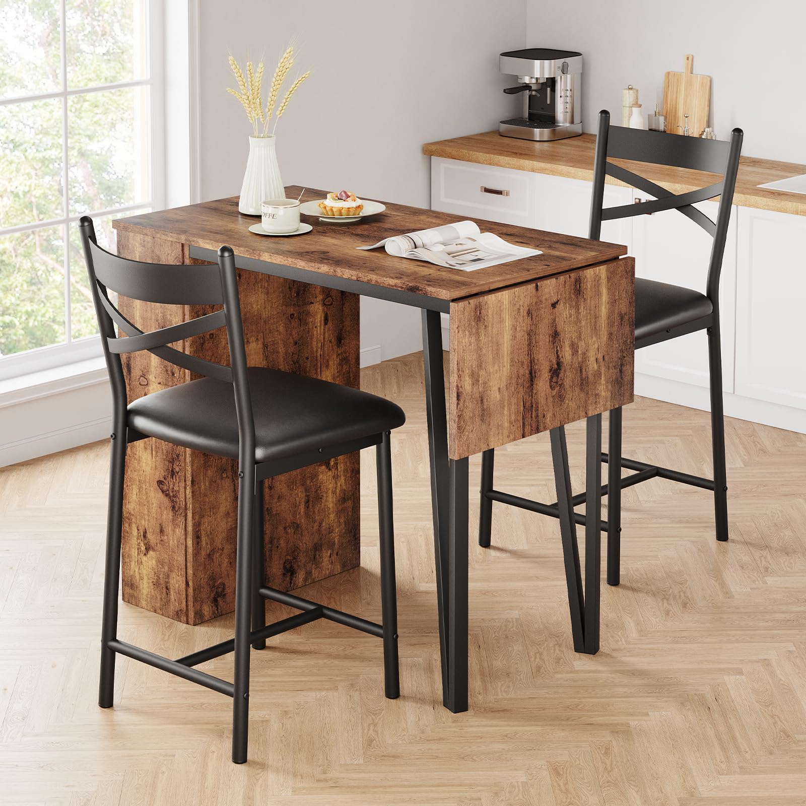 Kompakt und platzsparend, 3-teiliges Esszimmer-Set für 2 Personen – ausziehbarer Bartisch mit 3 Ablagen – 2 gepolsterte Hocker – ideal für Küche, kleine Räume, Wohnung – Stil