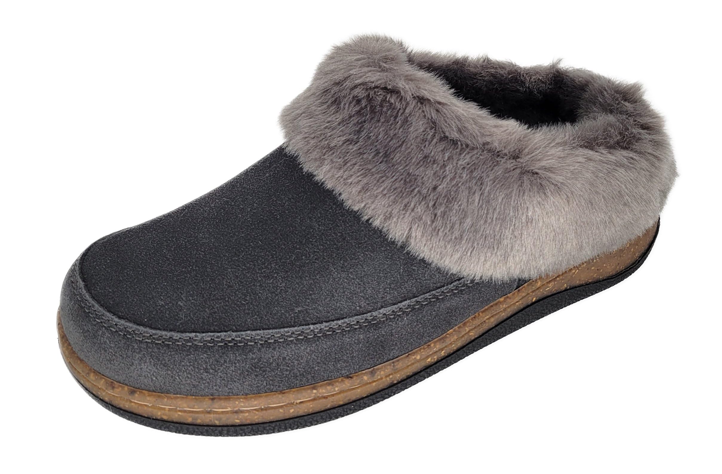 Clarks Womens Slipper Suede Leather Scuff Toe - Plush Faux Fur Collar Lined With A Cork Midsole -