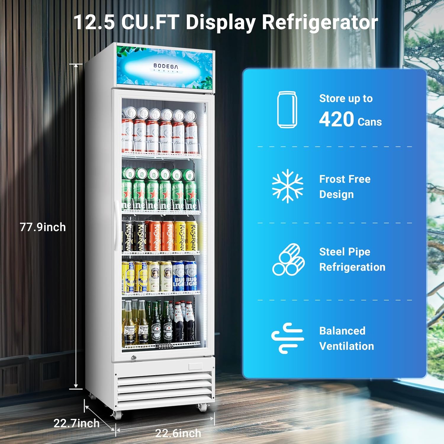 BODEGA BODEGACOOLER Commercial Beverage Refrigerator with Glass Door,12.5 Cu.Ft Drink Refrigerator,Upright Large Display Merchandiser Beverage Bar Cooler Hold Beer,Soda Drinks,Wine with LED Light Box 12.5 Cu.Ft white Beverage Refrigerator