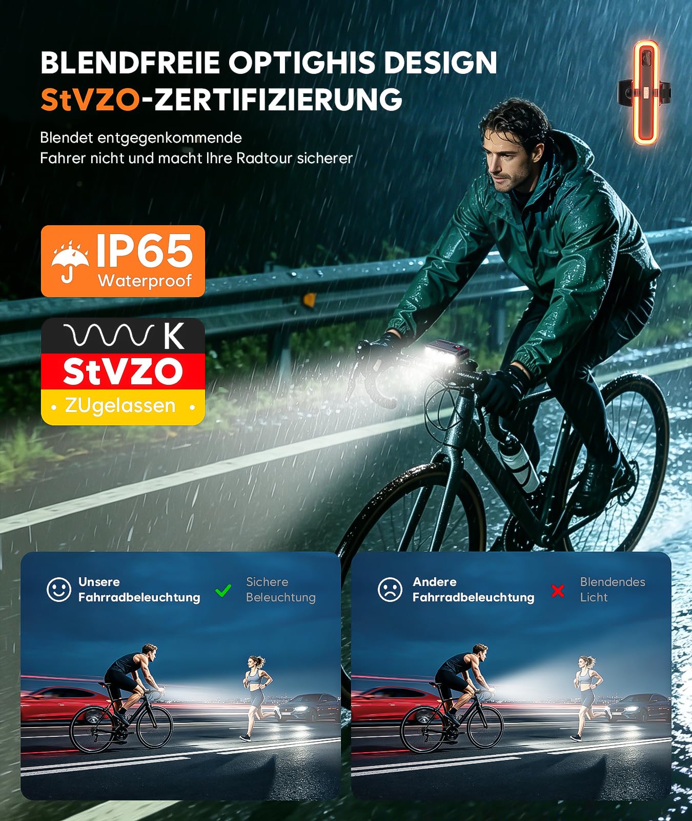 Set di luci per bicicletta con omologazione StVZO, fanale posteriore per bicicletta con funzione di luce del freno, ricaricabili tramite USB-C, impermeabilità IP65, luce anteriore e posteriore
