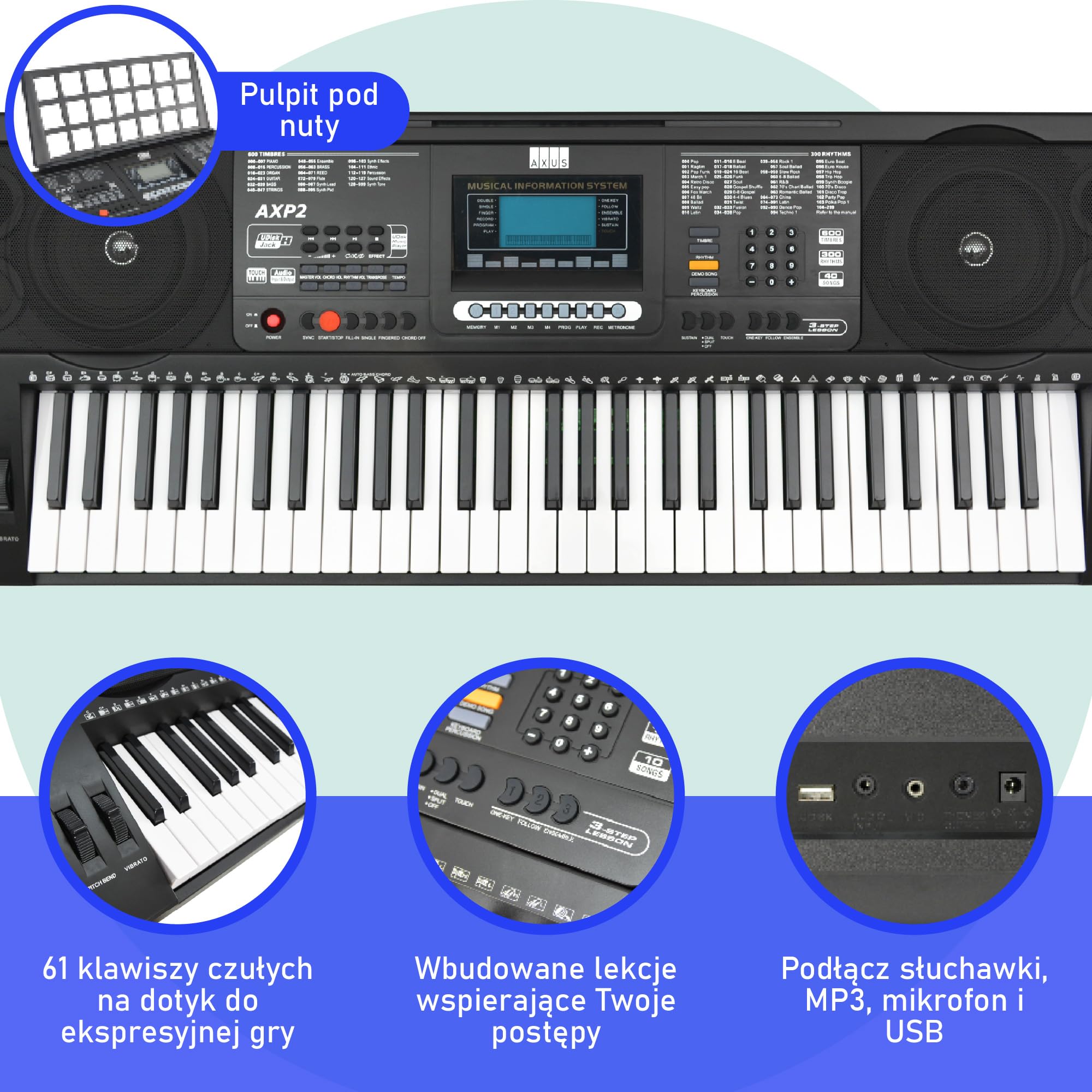 Axus AXP2-Paket mit elektronischem Keyboard-Piano, 61 „Hammermechanik“-Tasten mit Anschlagdynamik, dazu ein Ständer, ein Hocker, ein Kopfhörer, ein Netzteil und ein Notenständer