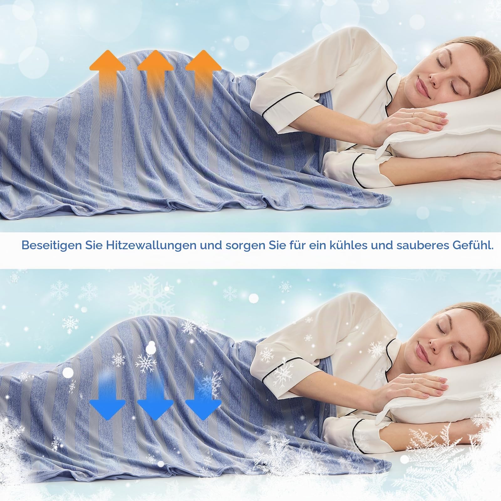 EMME Kühldecke Kühlende Decke, Arc-Chill Q-Max>0,5, 230 x270 cm, 2 in 1 Doppelseitige Dünne Sommerdecke, Leicht Atmungsaktiv Tagesdecken, Sofa Decken,Bettüberwurf Groß Kuscheldecke,Blau Gestreift