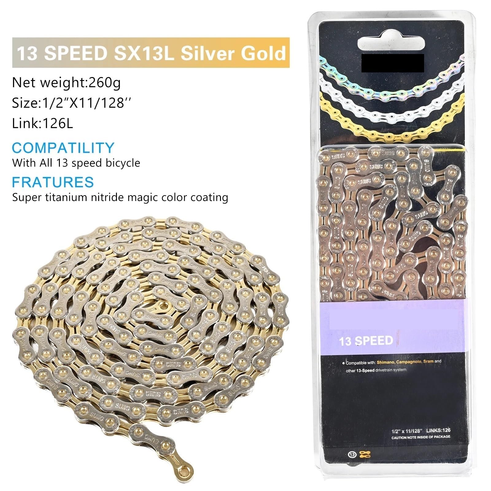 Cadena de cambio for bicicleta de montaña y carretera, hueca, ultraligera, dorada, 251 g, 8, 9, 10, 11 y 12 velocidades(S13L 13Speed)