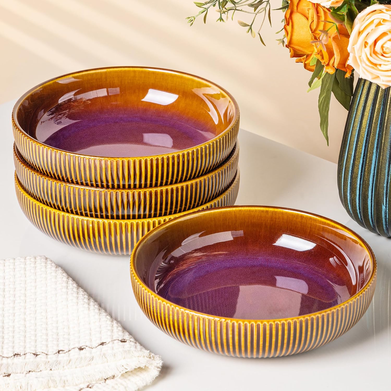 theterra 8.5" Ceramic Pasta Bowls Set of 4, Salad Bowls