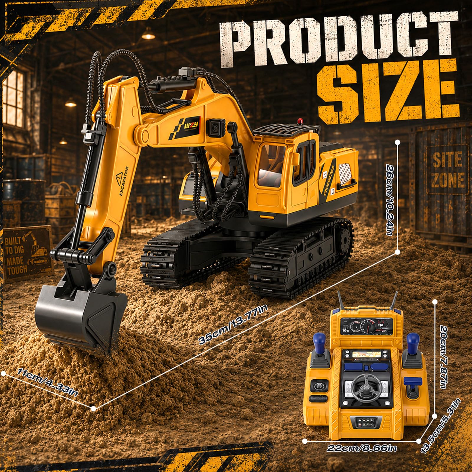 Ferngesteuertes Bagger Spielzeug mit Metall-Aufsätzen, 2,4 GHz Bagger RC Spielzeugautos mit Licht und Sound Bagger Extra Große Standgestützte Fernbedienung, Geschenk für Kinder ab 6-12 Jahren