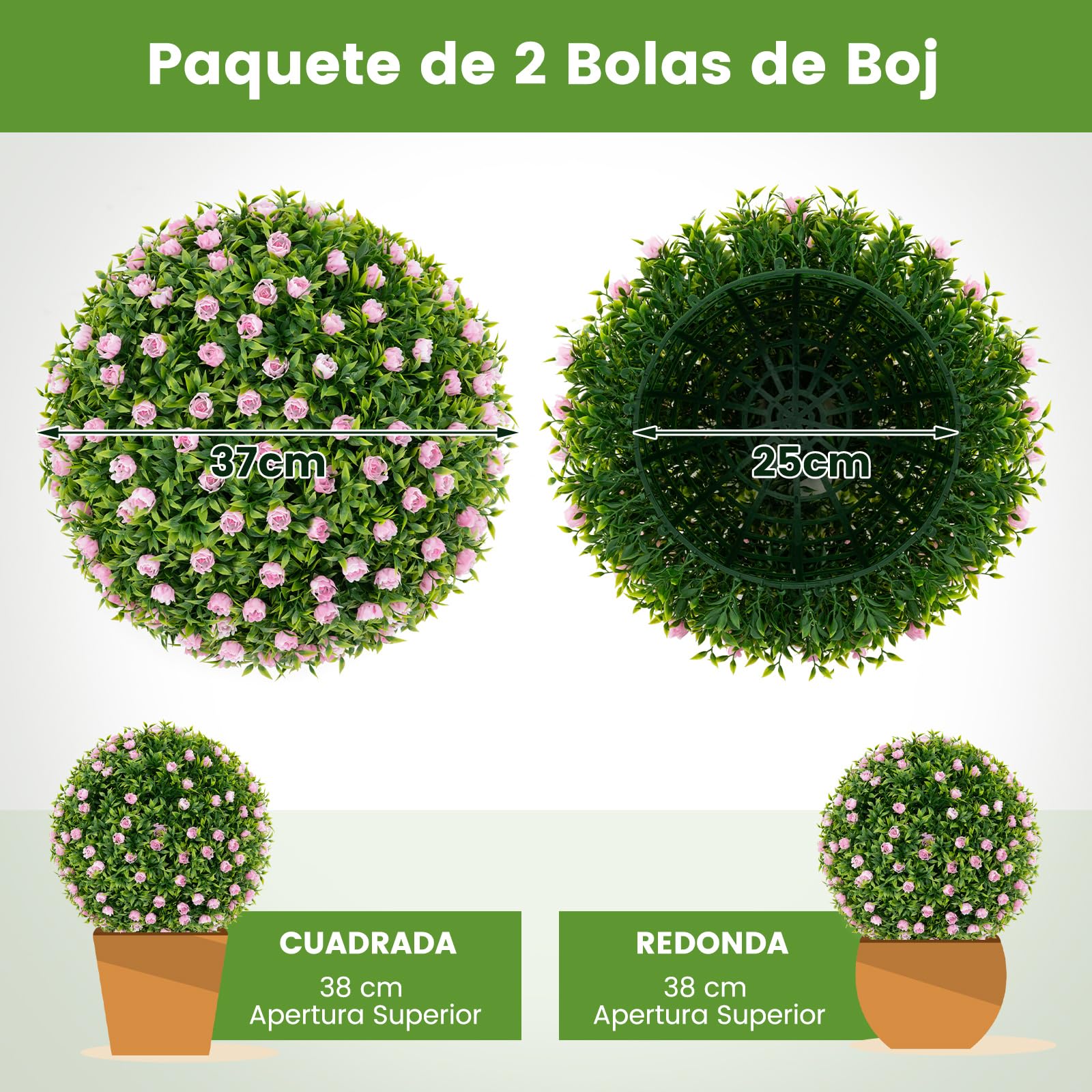 COSTWAY Juego de 2 Bolas de Topiario Artificiales, 37 cm Bolas Decorativas Falsas con Flores Rosas, Esfera de Jardín Interior y Exterior con Protección Solar para Patio, Porche, Hogar, Césped y Bodas