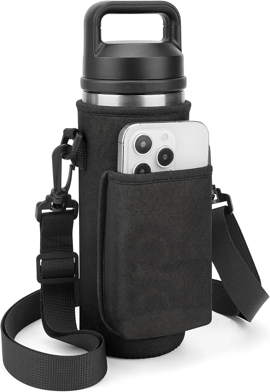 Linkidea Water Bottle Carrier with Strap Compatible with YETI Rambler Bottle 18oz, Yonder 600ml/20oz, Insulated Waterbottle Sling Bag Holder, Shoulder Strap with Phone Pocket (Black)