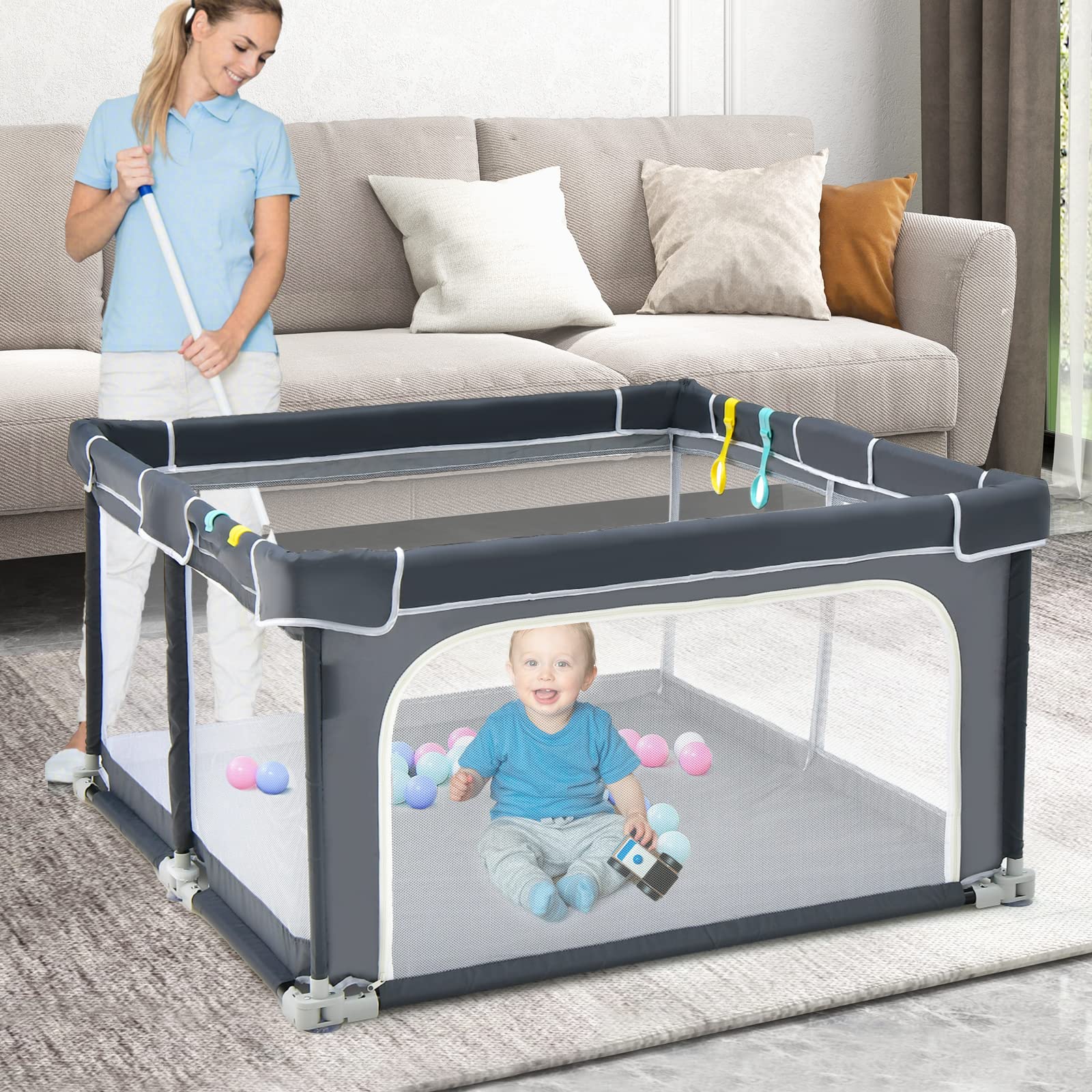 COSTWAY Parque Infantil Bebe Plegable, Parque de Juegos para Bebé, 124x124x70cm, Corralito Bebe con Malla Transpirable y Ventosas Antideslizantes, 50 Bolas, 4 Anillos de Agarre (Gris Oscuro)