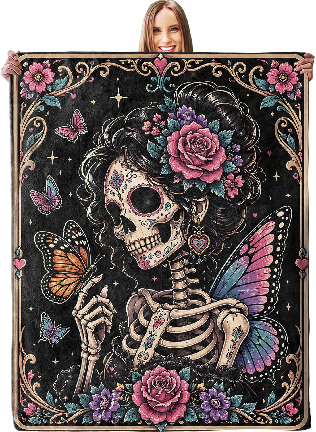 Gothic Sugar Skull Butterfly Blanket, Soft Floral Skeleton Wings Rose Throw Blanket Gifts for Women Teens, Lightweight Warm Cozy 60×50 inch Vintage Flannel for Couch, Travel, Bed, Decor