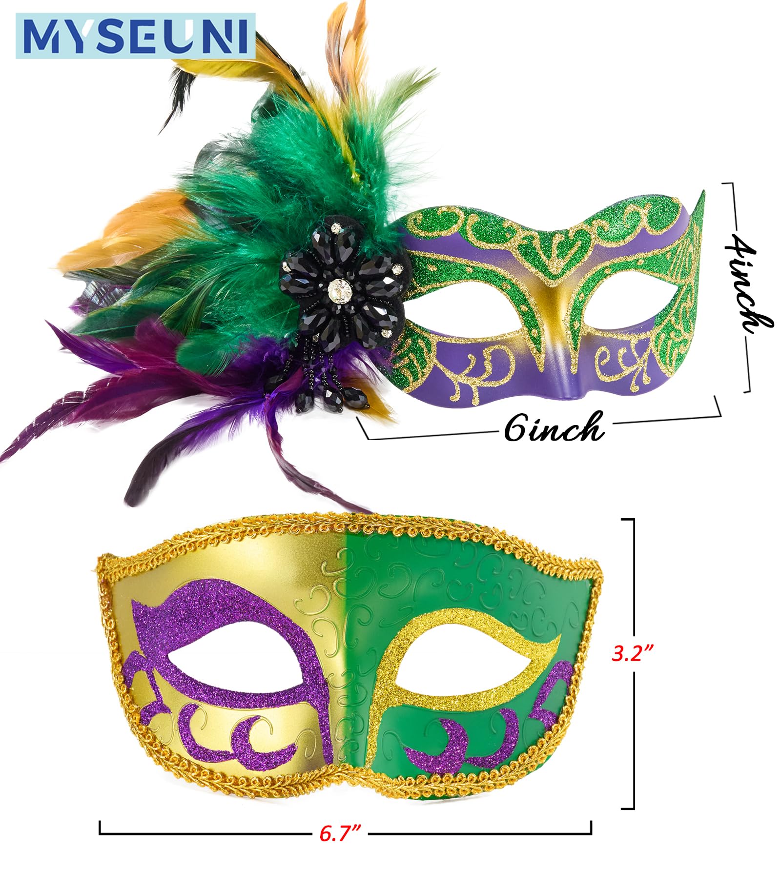 MYSEUNI Venetian Mardi Gras Mask with Feathers for Masquerade Ball Carnival Halloween Cosplay Theme Dance - Image 3
